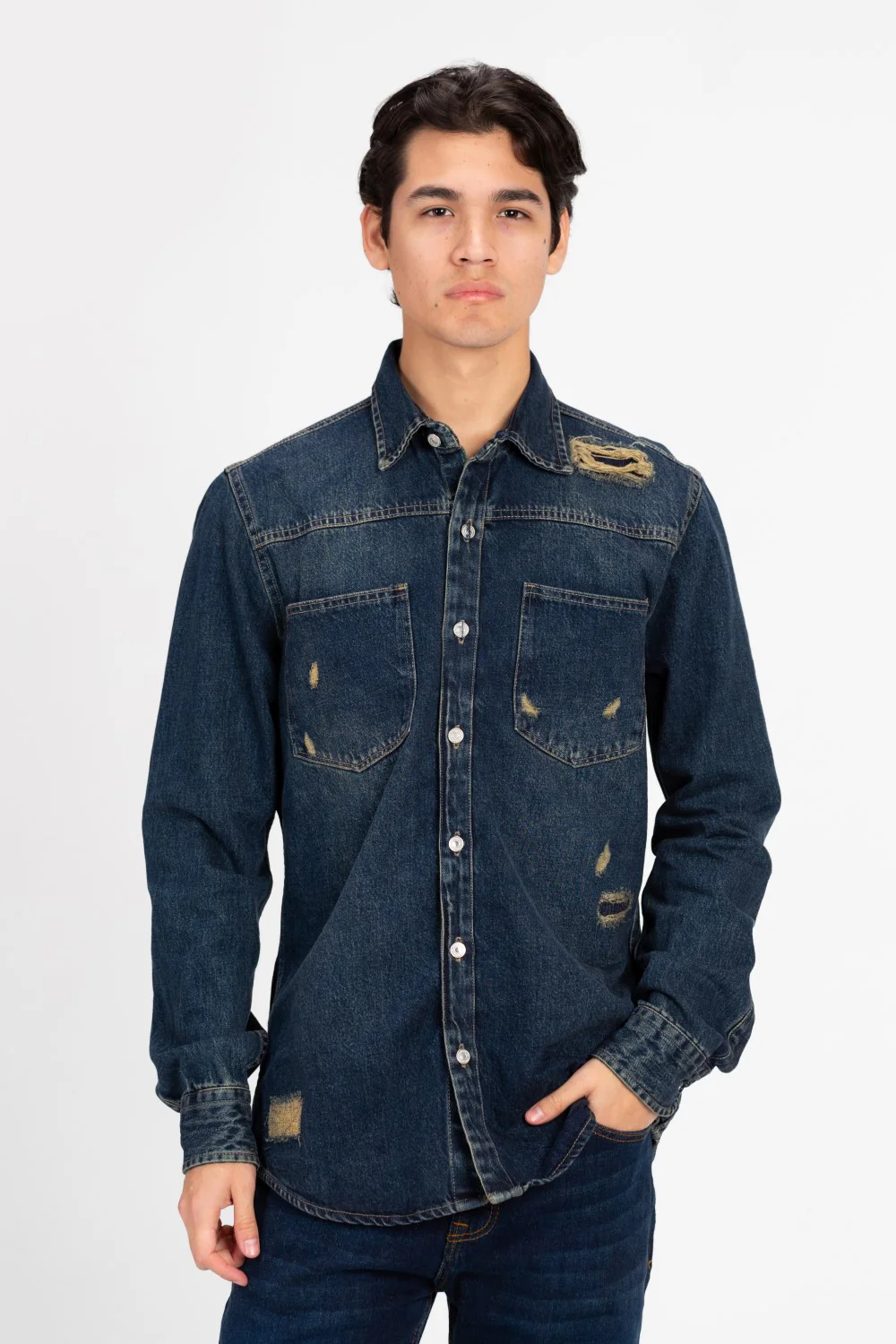 Men's Long Sleeve Cutting Denim Shirt - Image 5
