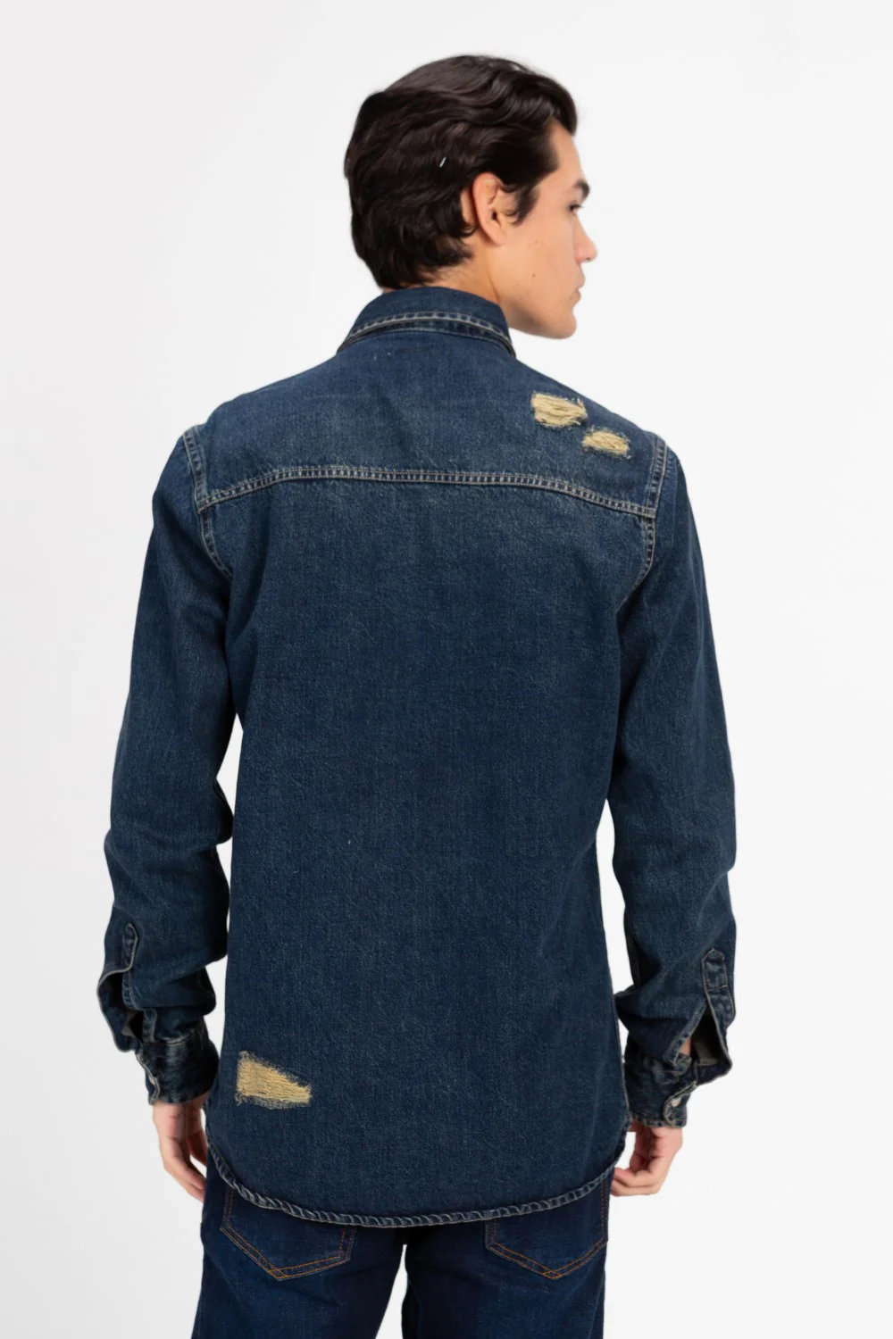 Men's Long Sleeve Cutting Denim Shirt - Image 6