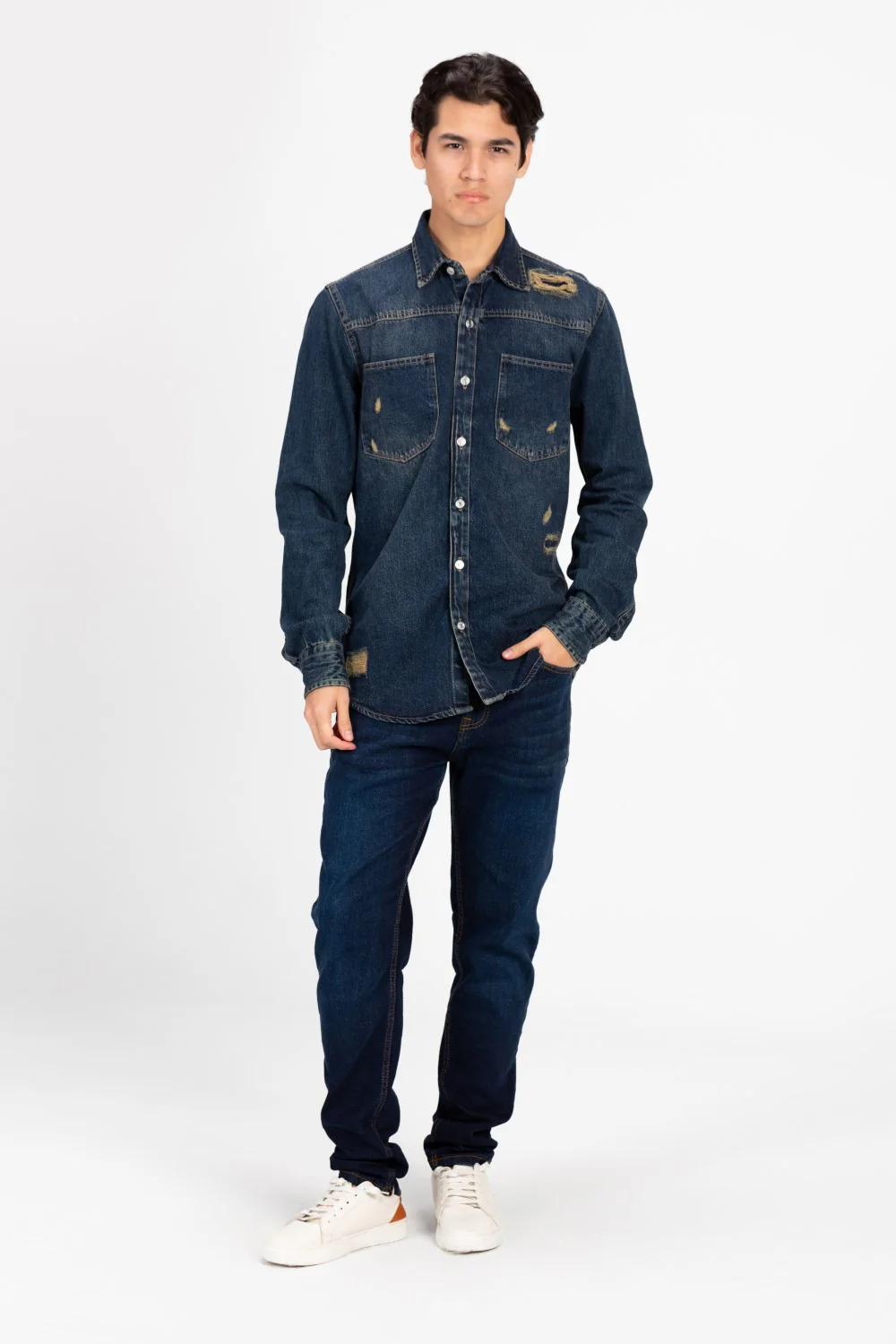 Men's Long Sleeve Cutting Denim Shirt - Image 8