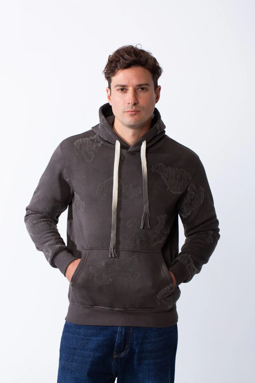 Men's Long Sleeve Kangaroo Pockets With Destressed Print Casual Look Slim Fit Hooded Sweatshirt