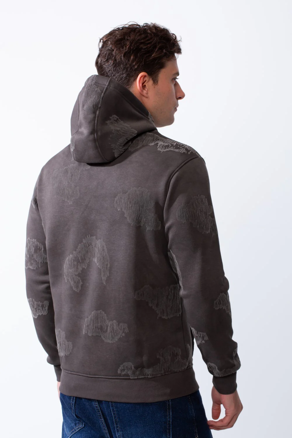 Men's Long Sleeve Kangaroo Pockets With Destressed Print Casual Look Slim Fit Hooded Sweatshirt - Image 2