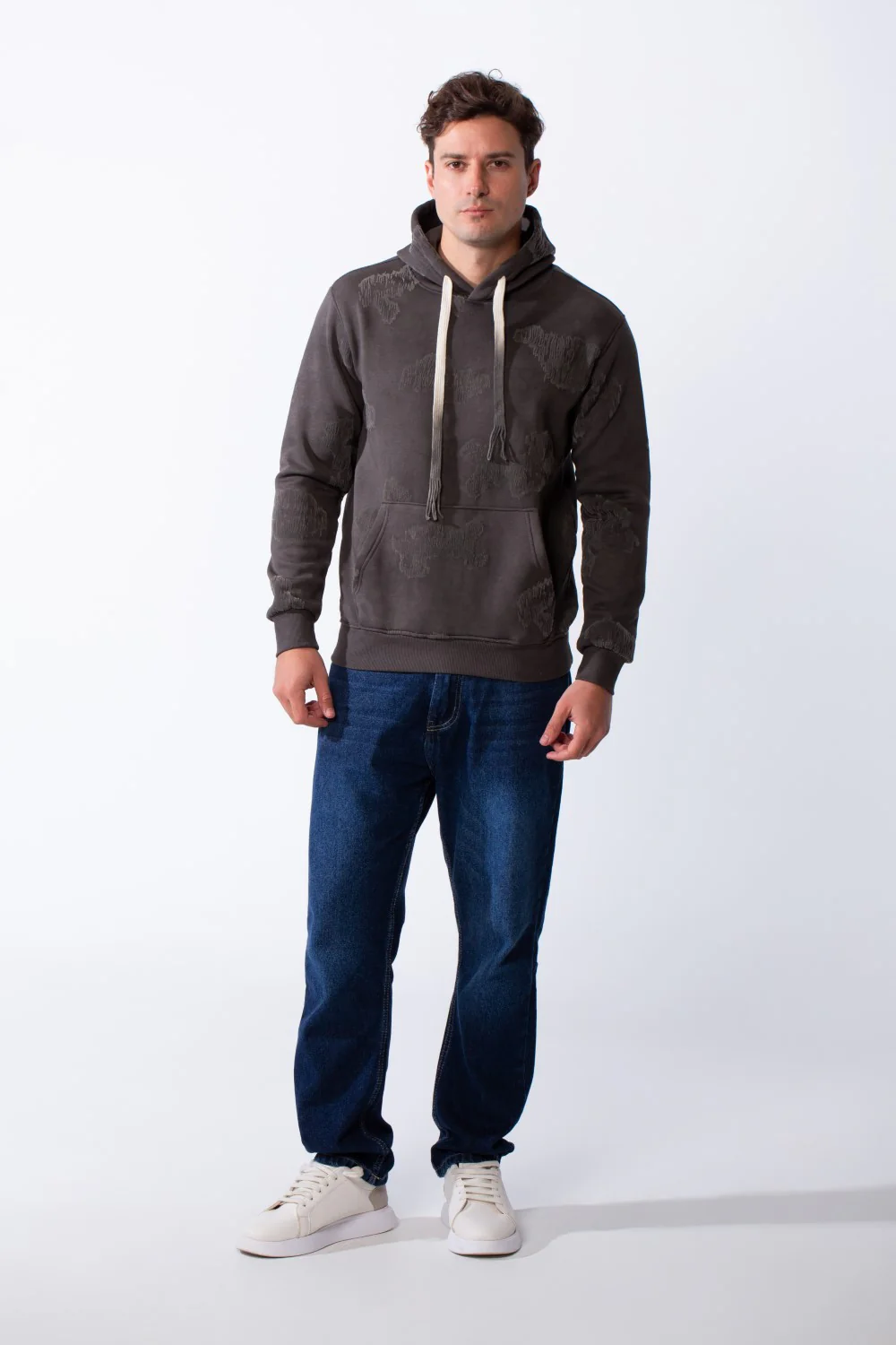 Men's Long Sleeve Kangaroo Pockets With Destressed Print Casual Look Slim Fit Hooded Sweatshirt - Image 3