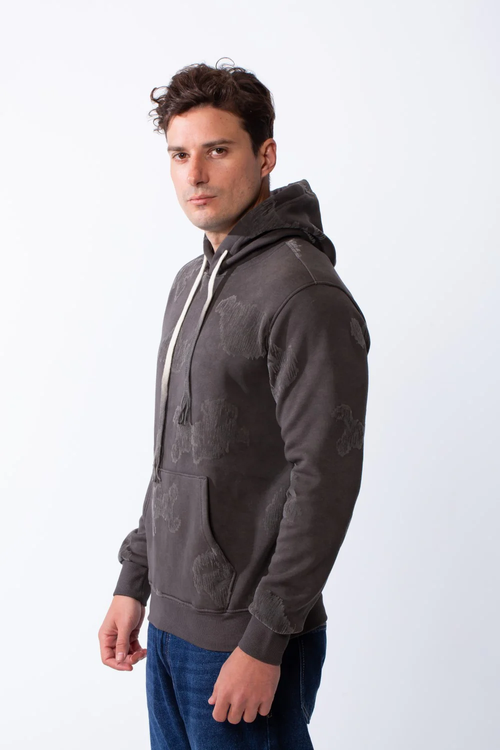Men's Long Sleeve Kangaroo Pockets With Destressed Print Casual Look Slim Fit Hooded Sweatshirt - Image 4