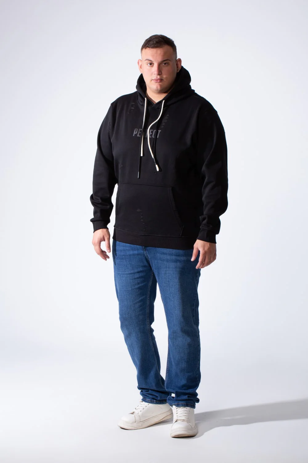 Men's Long Sleeve Simple Chest Text Print With Distressed Detail Vertical Cozy Daily Wear Hooded Big Size Sweatshirt - Image 3