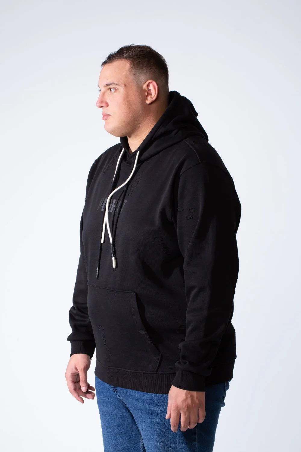 Men's Long Sleeve Simple Chest Text Print With Distressed Detail Vertical Cozy Daily Wear Hooded Big Size Sweatshirt - Image 4