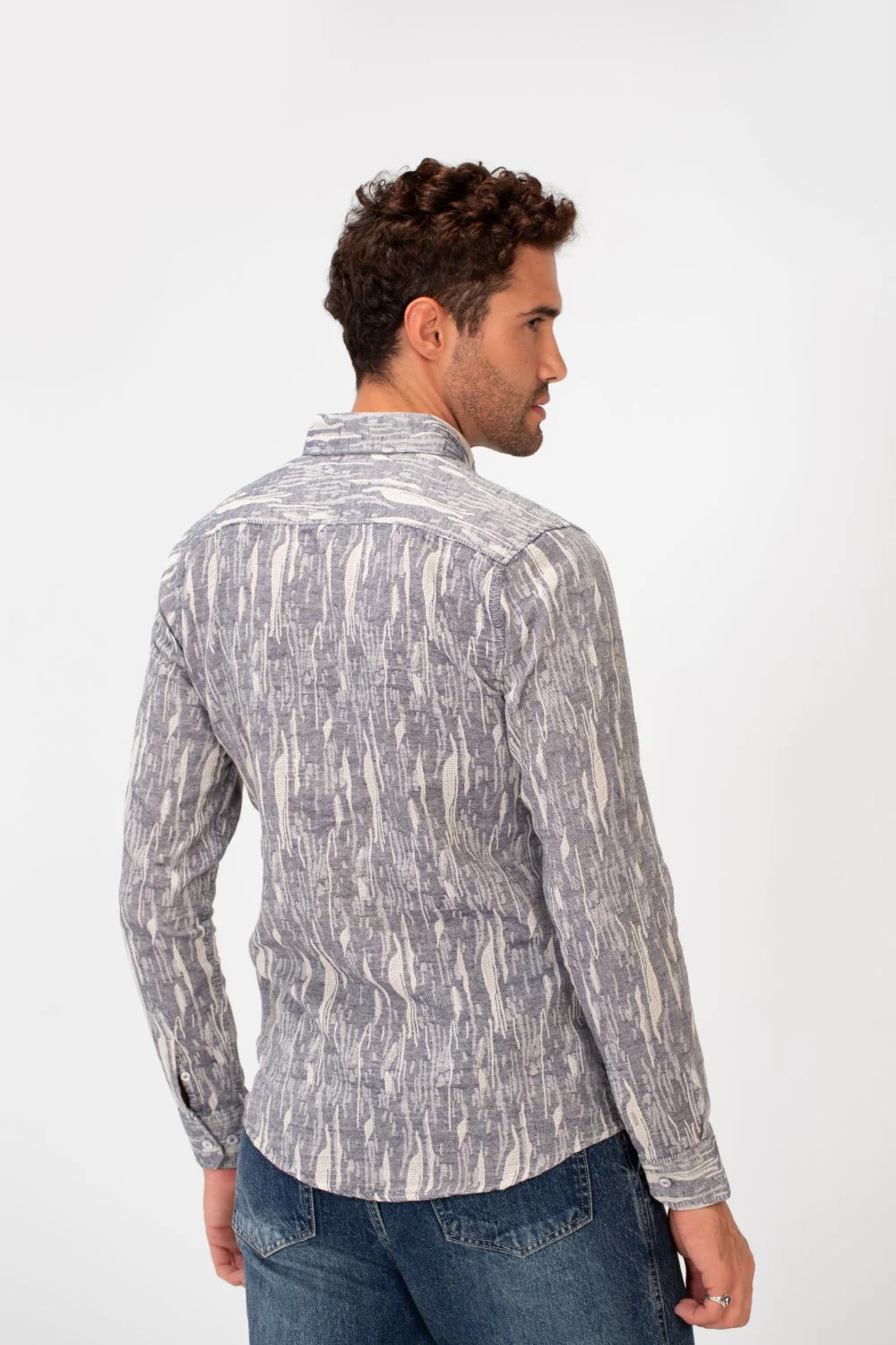 Men's Long Sleeve Slim Fit Jakar Printed Linen Shirt - Image 6