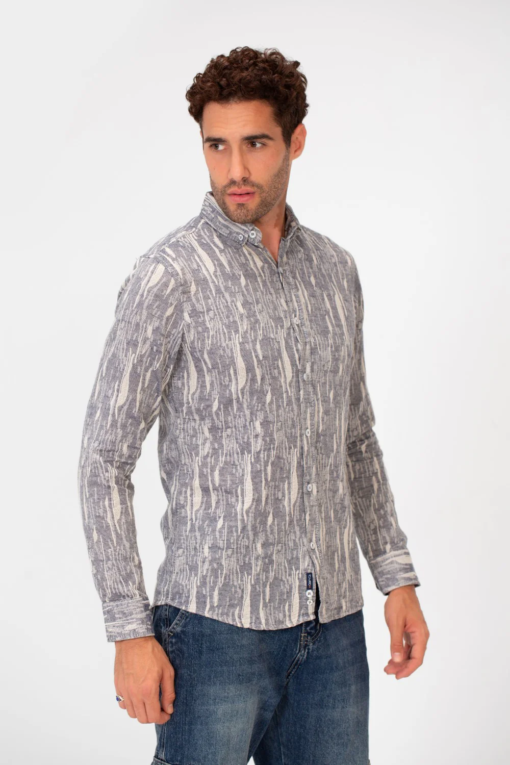 Men's Long Sleeve Slim Fit Jakar Printed Linen Shirt - Image 7