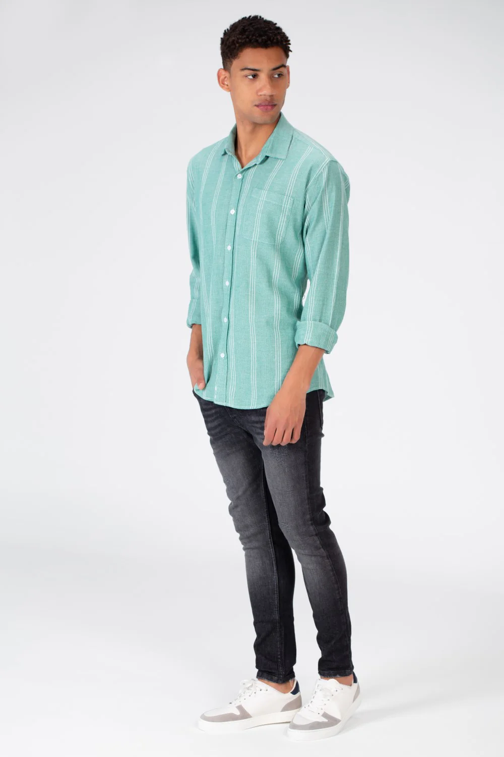 Men's Long Sleeve Slim Fit Striped Shirt With Front Pocket - Image 6