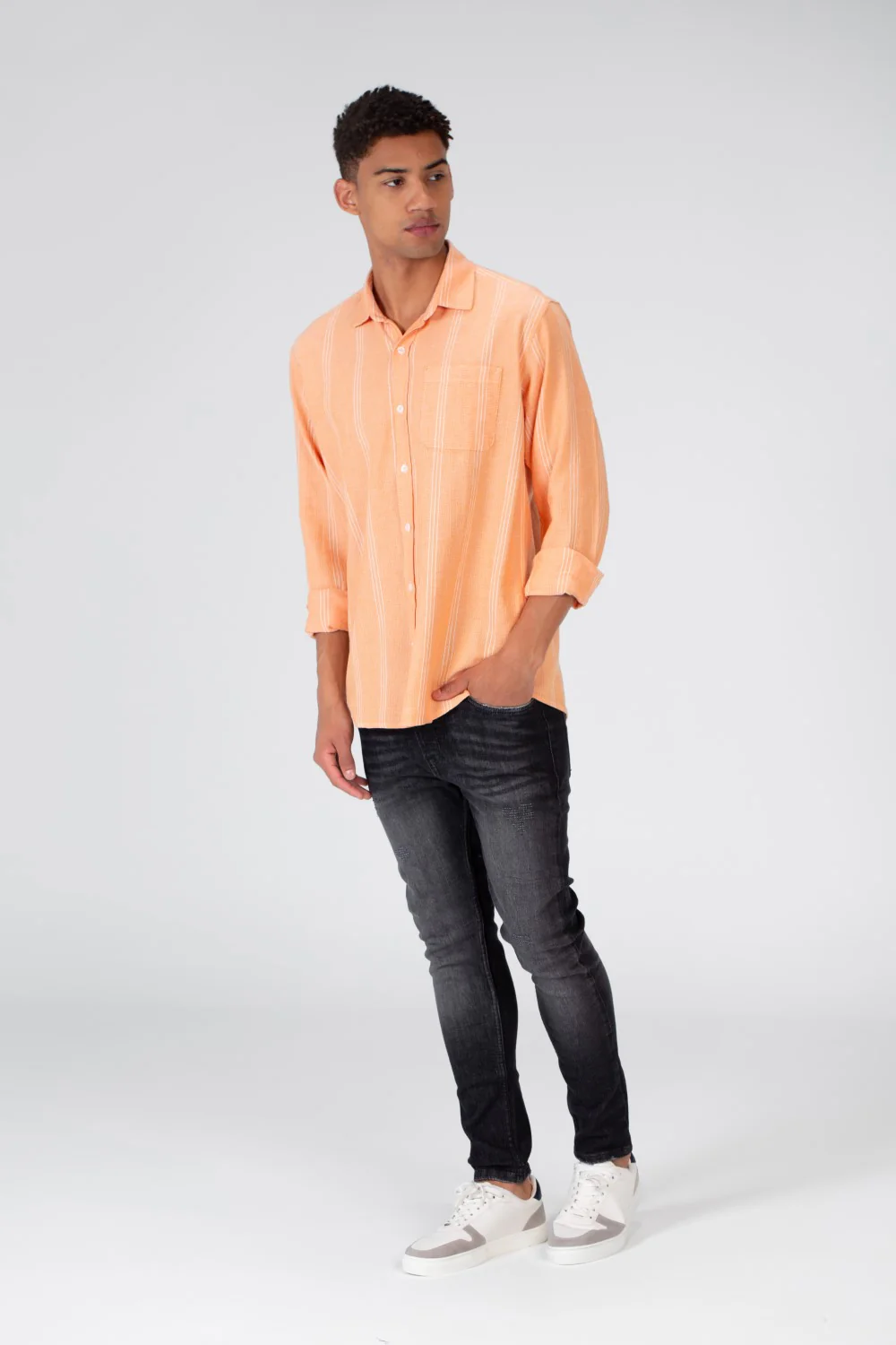 Men's Long Sleeve Slim Fit Striped Shirt With Front Pocket - Image 9