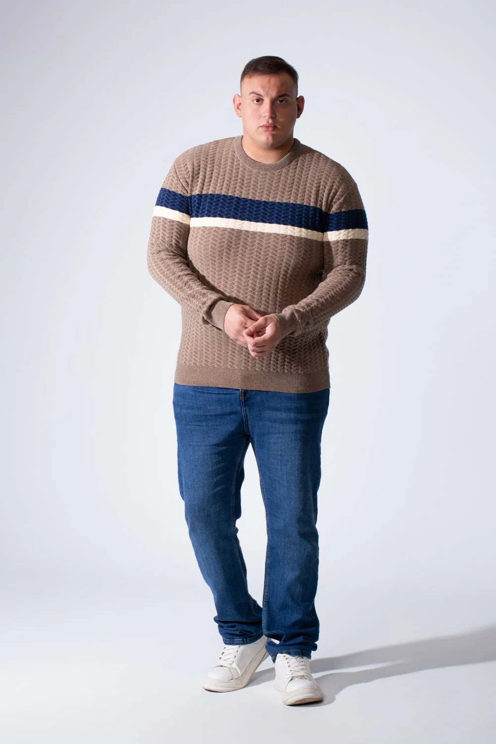Men's Long Sleeve Textured Cable-Knit Pattern Crew Neck Chest Front Striped Comfy Modern Big Size Pullover - Image 11