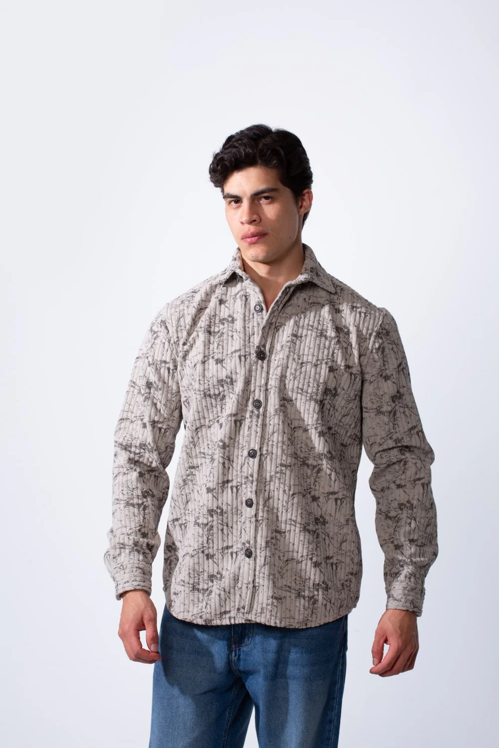 Men's Long Sleeve Velvet Button-Down Textured Fabric Printed Casual Slim Fit Shirt - Image 5