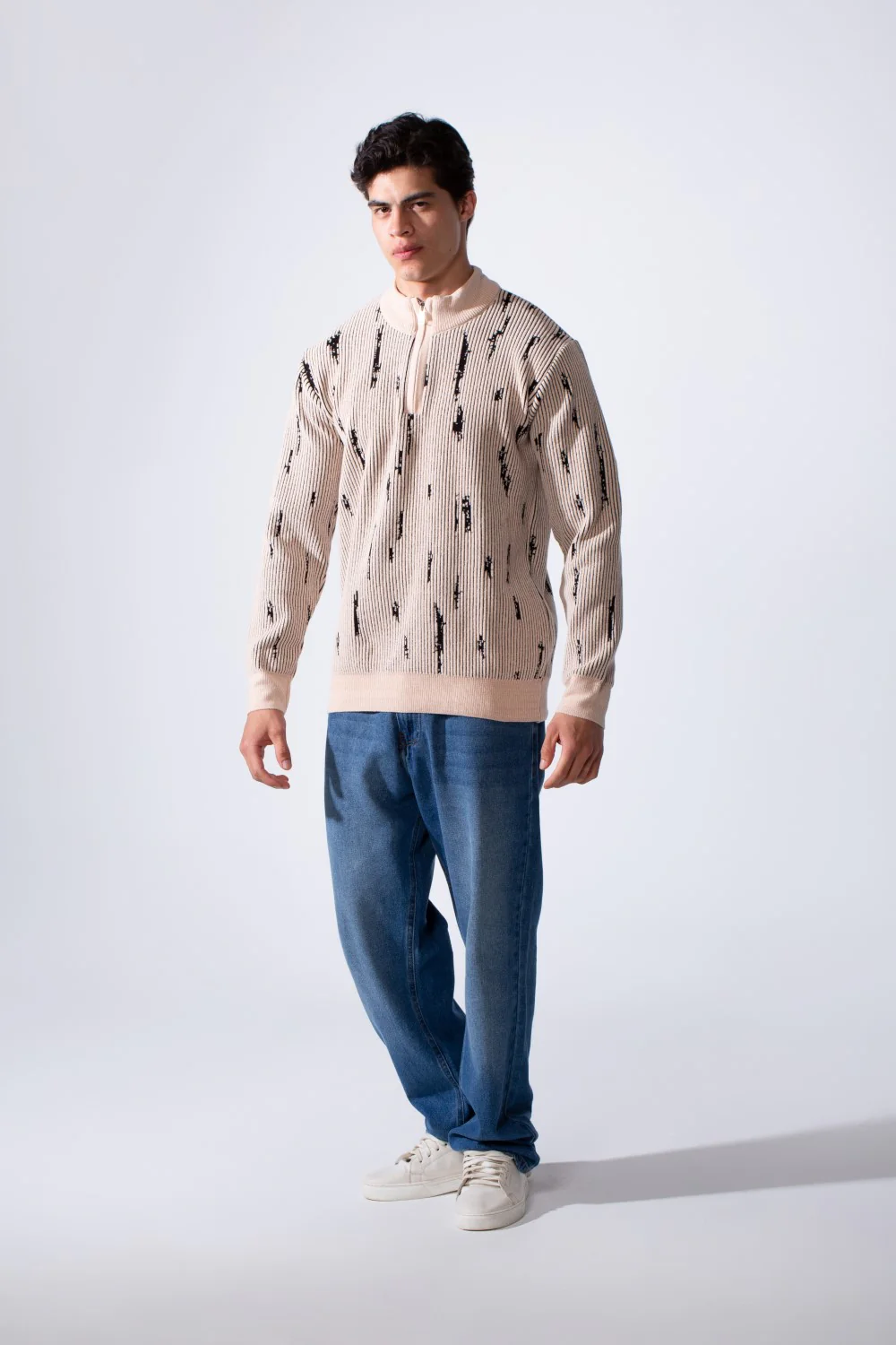 Men's Long Sleeve With textured Fabric Printed Half Zip Sweater Pullover - Image 3