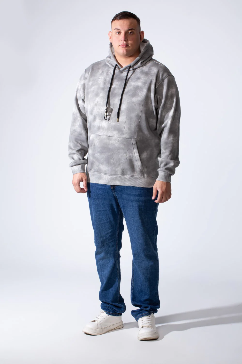 Men's Long Sleeve With Unique Washed Pattern Front Kangaroo Pocket Comfy Daily Wear Hooded Big Size Sweatshirt - Image 7