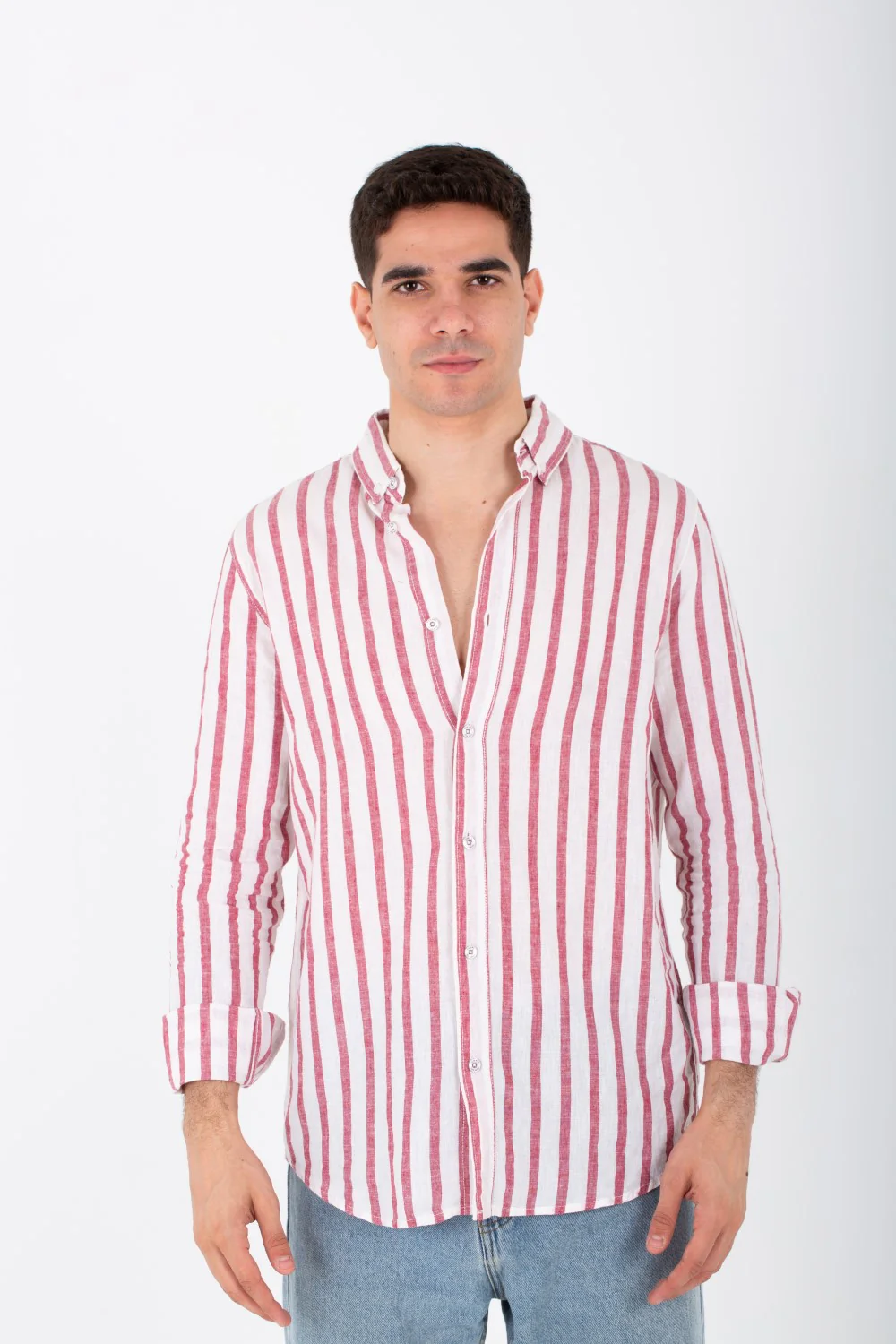 Mens Long Sleeved Striped Shirt In Comfortable Linen Material - Image 15