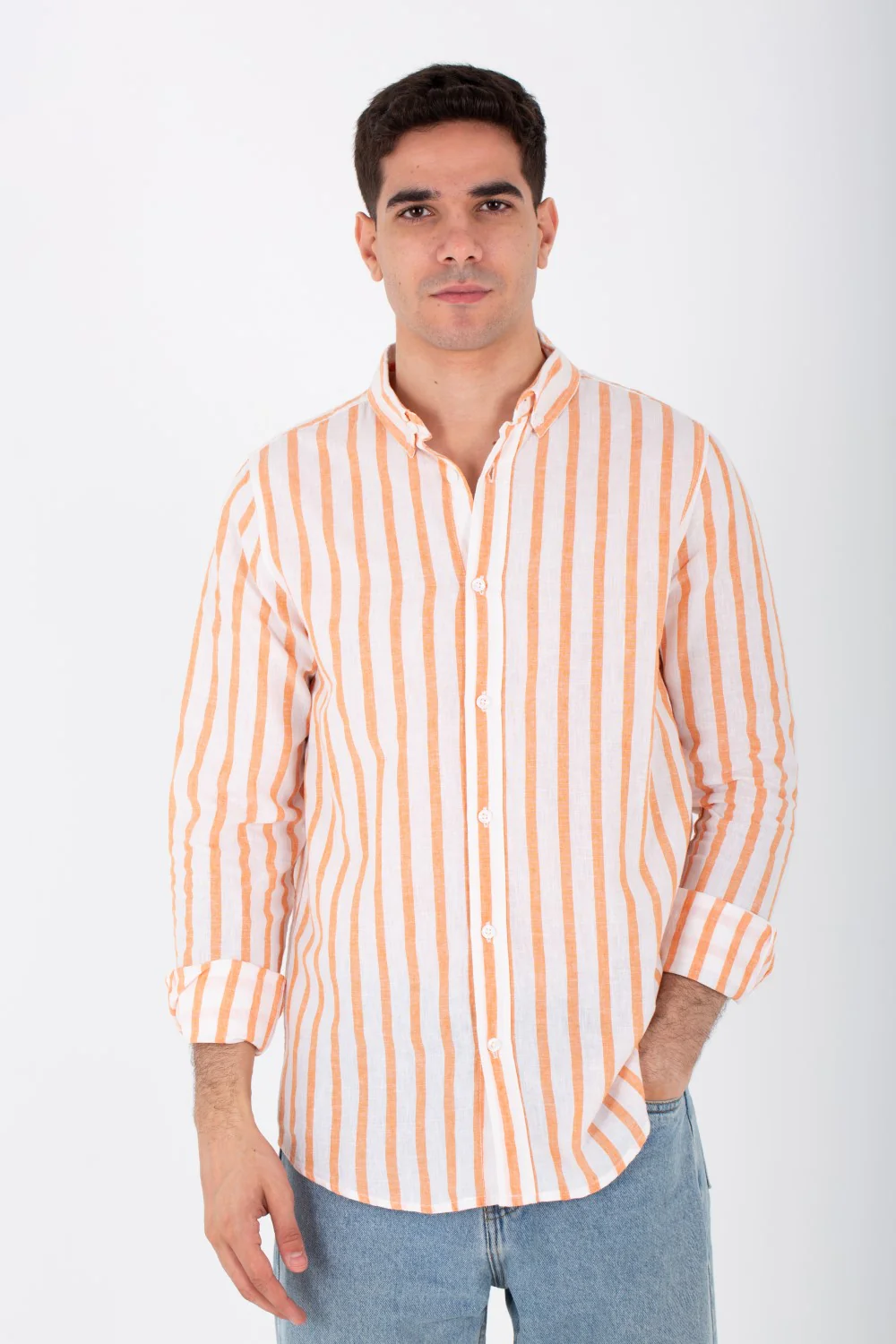 Mens Long Sleeved Striped Shirt In Comfortable Linen Material - Image 9