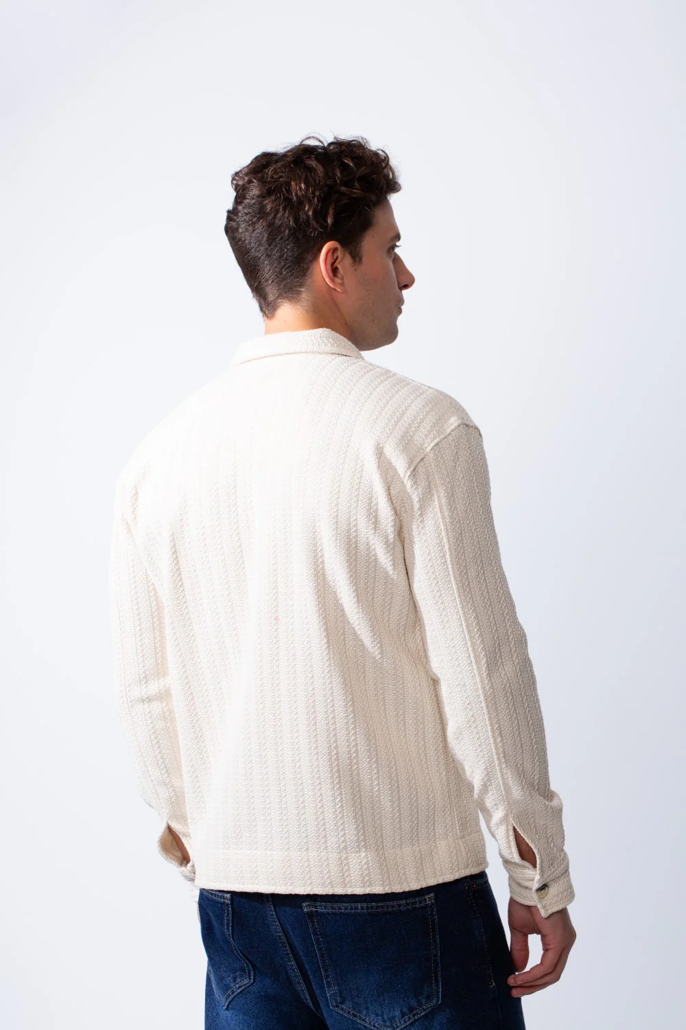 Men's Classic Neck Vertical Textured Stripe Pattern Buttoned Chest Pockets Slim Fit Trico Fabric Casual Wear Shirt - Image 10