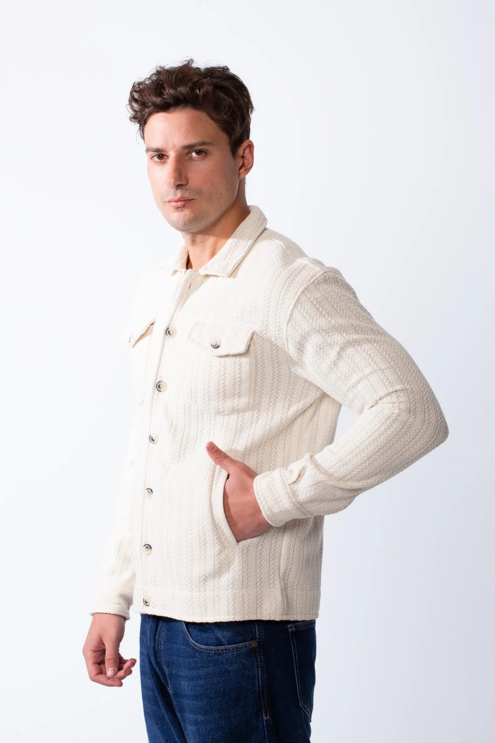 Men's Classic Neck Vertical Textured Stripe Pattern Buttoned Chest Pockets Slim Fit Trico Fabric Casual Wear Shirt - Image 12