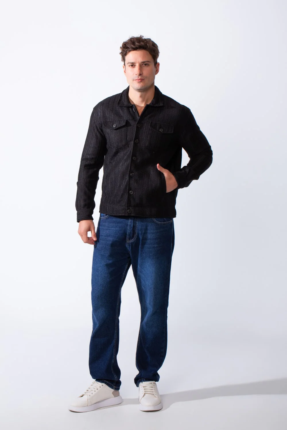 Men's Classic Neck Vertical Textured Stripe Pattern Buttoned Chest Pockets Slim Fit Trico Fabric Casual Wear Shirt - Image 7