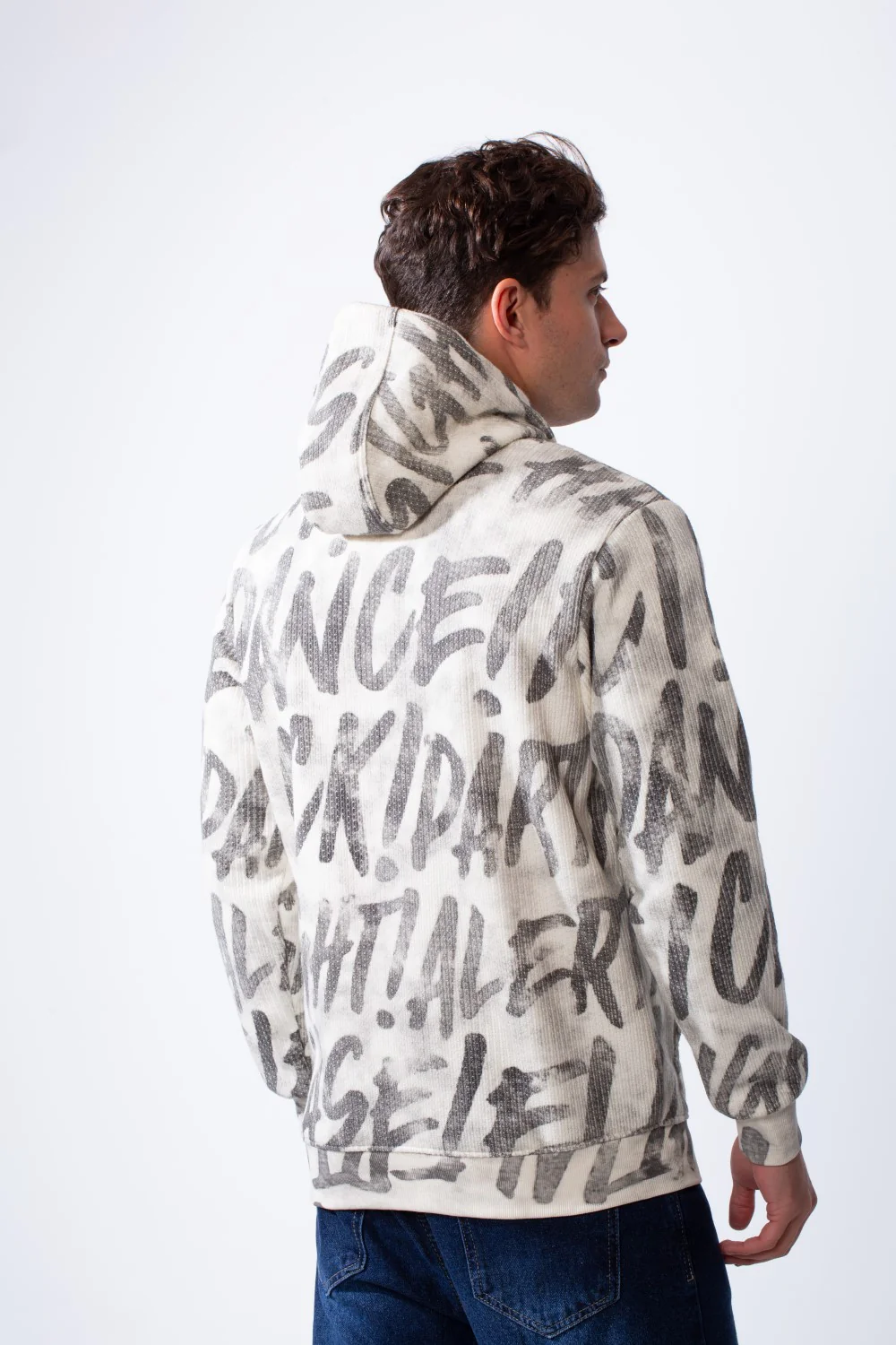 Men's Long Sleeves Kangaroo Front Pockets With All-Over Text Print For Daily Wear Hooded Casual Sweatshirt - Image 2