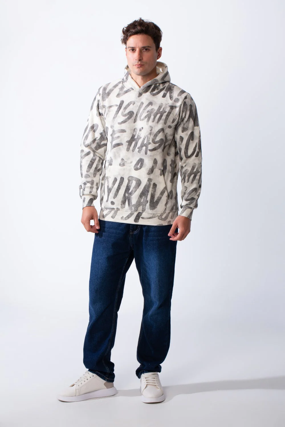 Men's Long Sleeves Kangaroo Front Pockets With All-Over Text Print For Daily Wear Hooded Casual Sweatshirt - Image 3