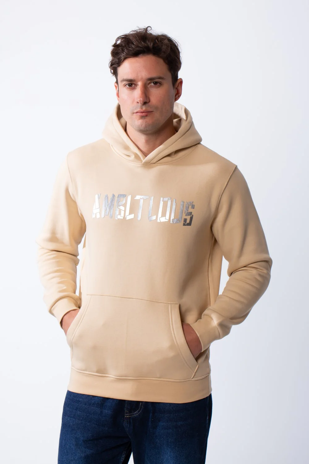 Men's Long Sleeves Metallic Front Bold Text Kangaroo Pockets Knit Melton Fabric Slim Fit Hood Sweatshirt