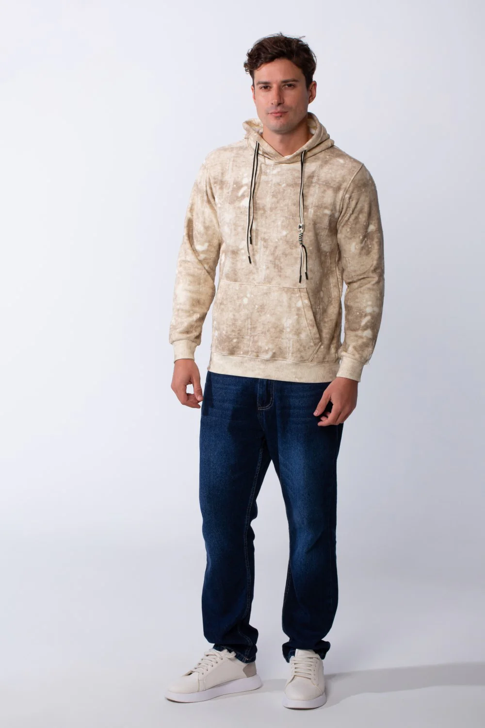 Men's Marble Pattern Kangaroo Pockets Hood Design Practical Casual Slim Fit Sweatshirt - Image 3