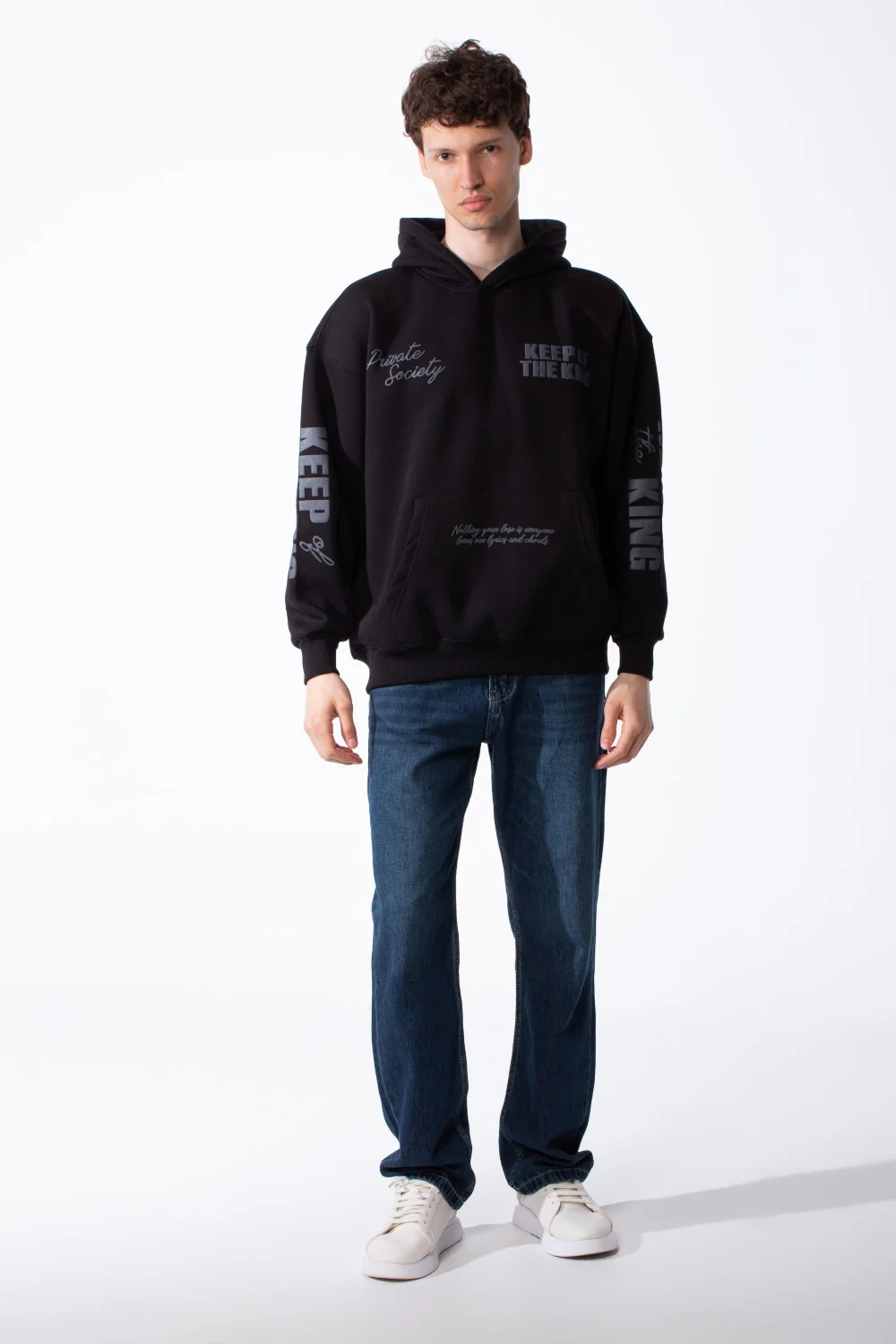 Men's Melton Oversized Text Print Kangaroo Pocket Hood Sweatshirt - Image 3