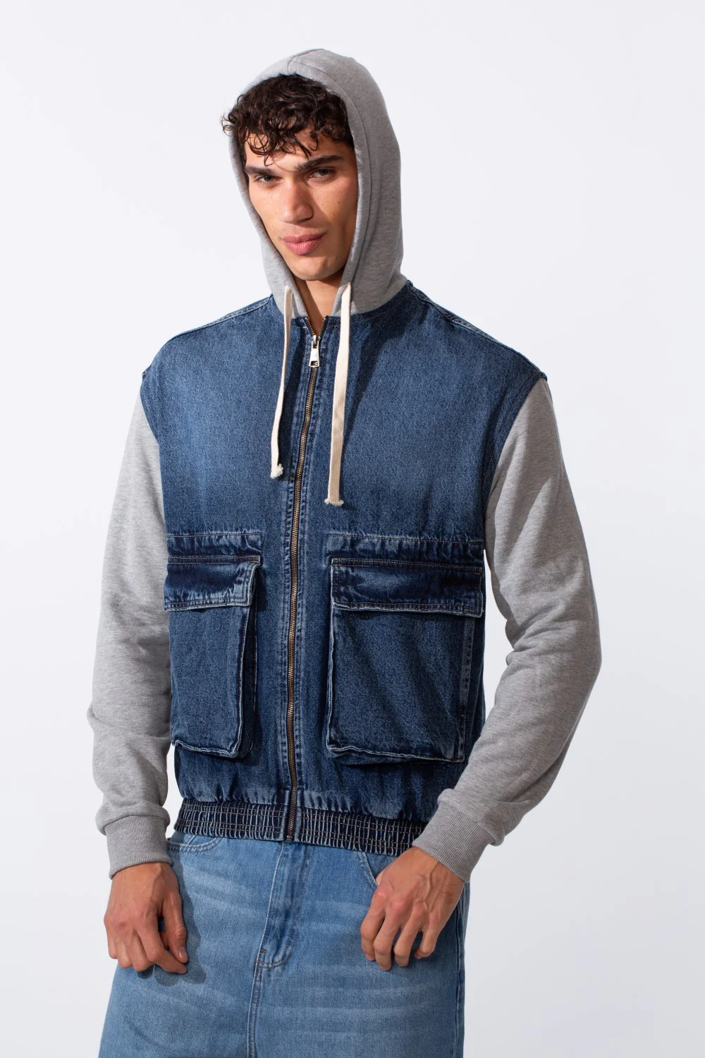 Men's Melton Sleeves Front Pockets Full Zip Hooded Jeans Jacket - Image 17