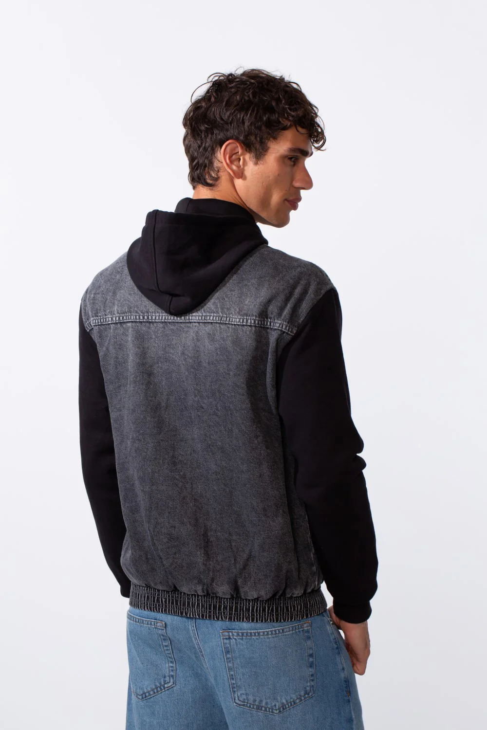 Men's Melton Sleeves Front Pockets Full Zip Hooded Jeans Jacket - Image 6