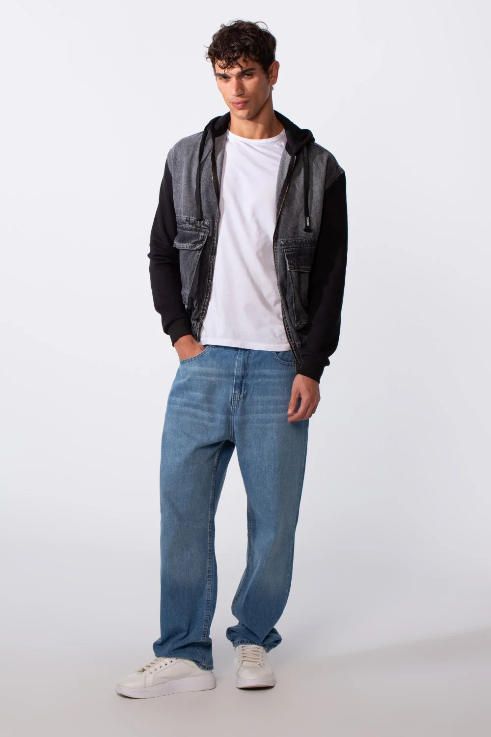 Men's Melton Sleeves Front Pockets Full Zip Hooded Jeans Jacket - Image 7