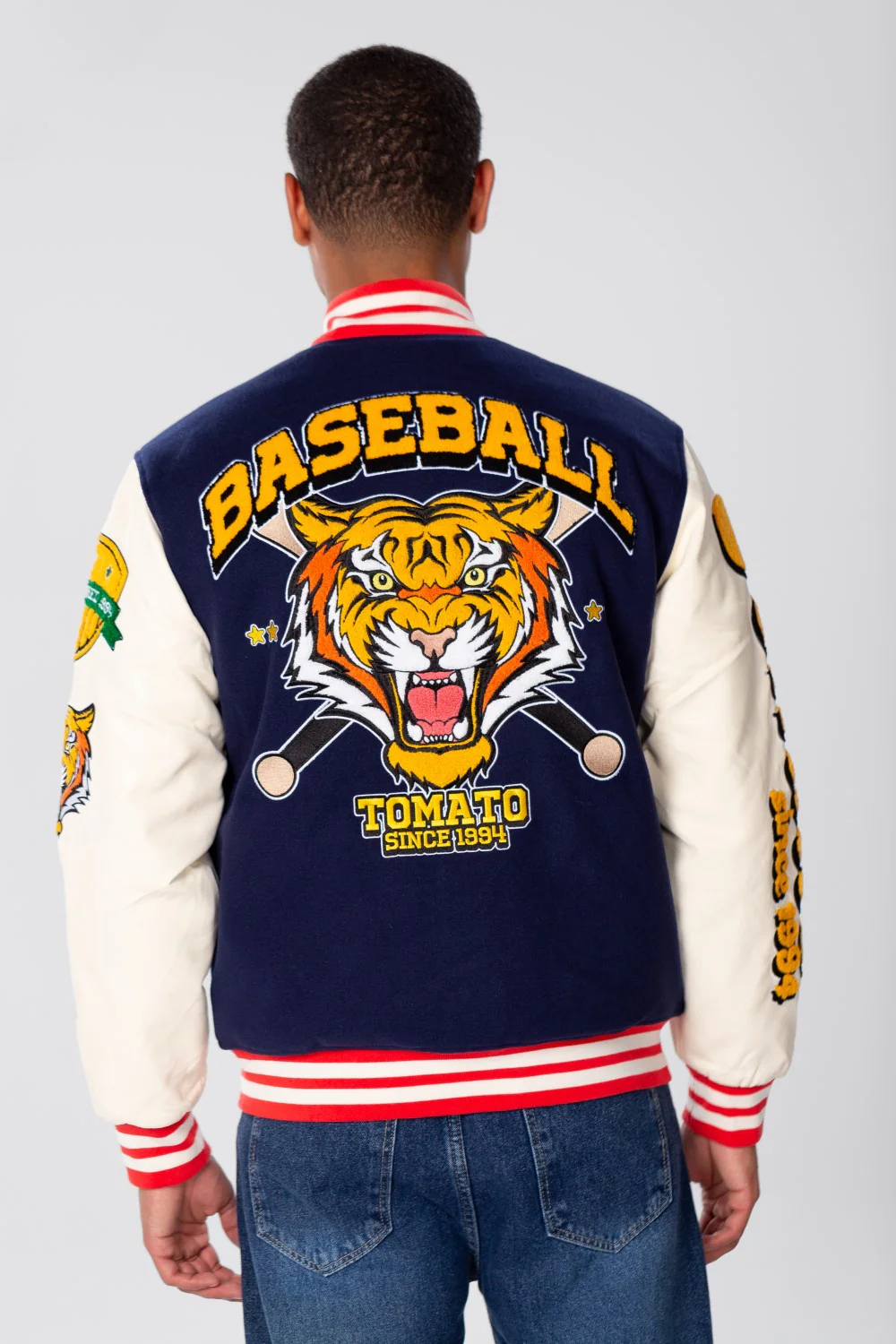 Men's Navy Varsity Baseball Jacket with Raised Print - Image 2