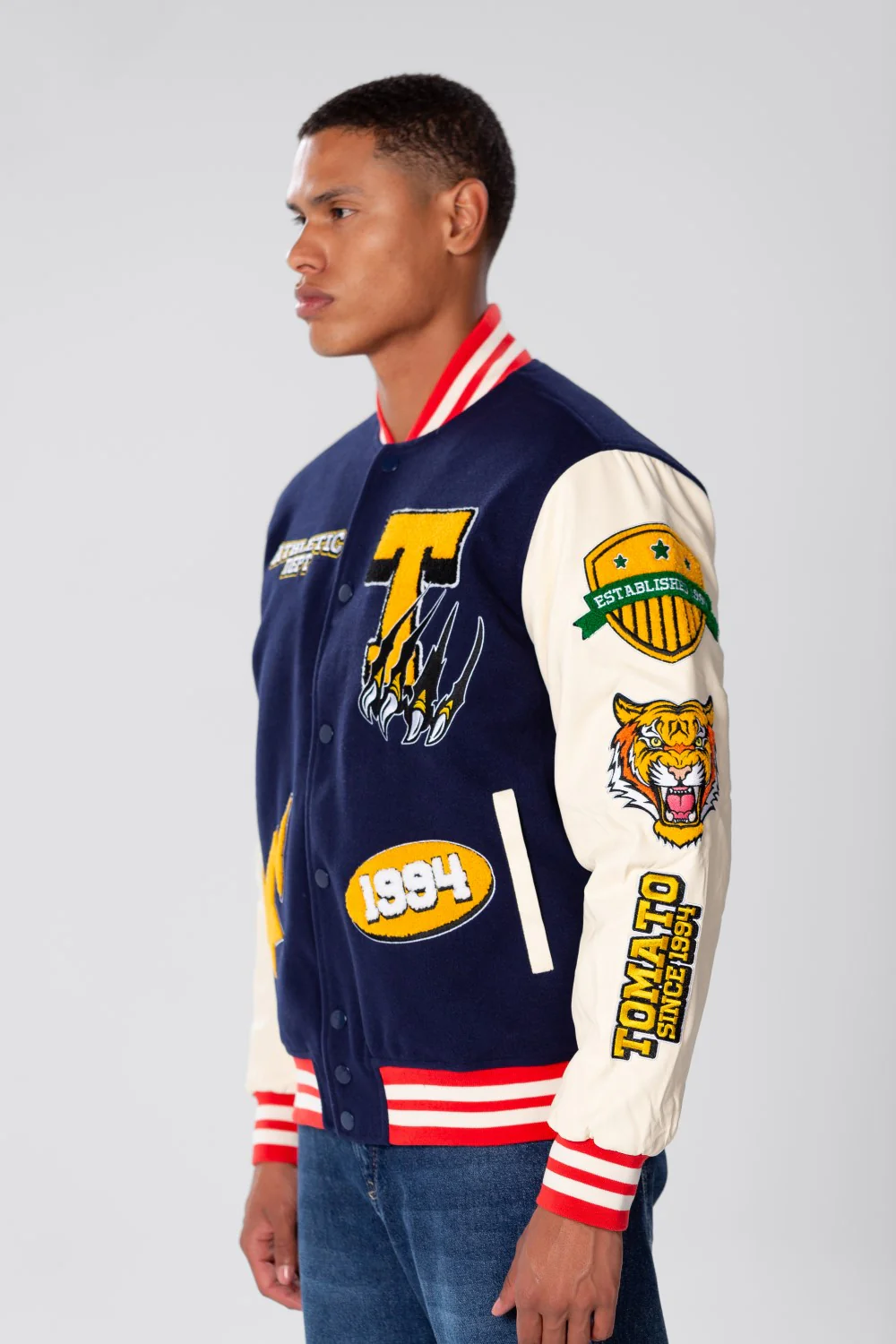 Men's Navy Varsity Baseball Jacket with Raised Print - Image 3