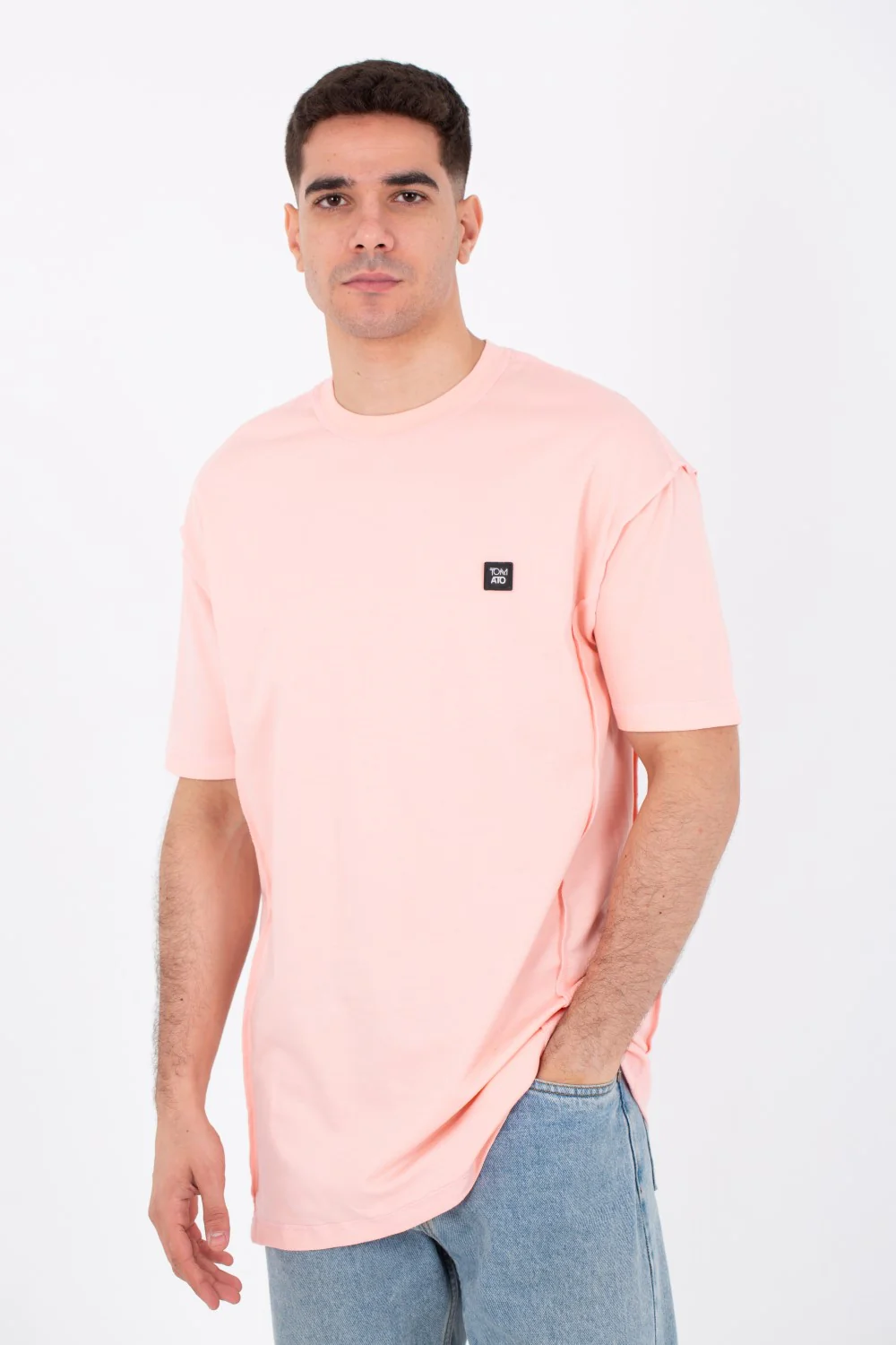 Mens Oversize Basic Plain T-shirt With A Round Neck And A Tomato Patch On The Front - Image 12
