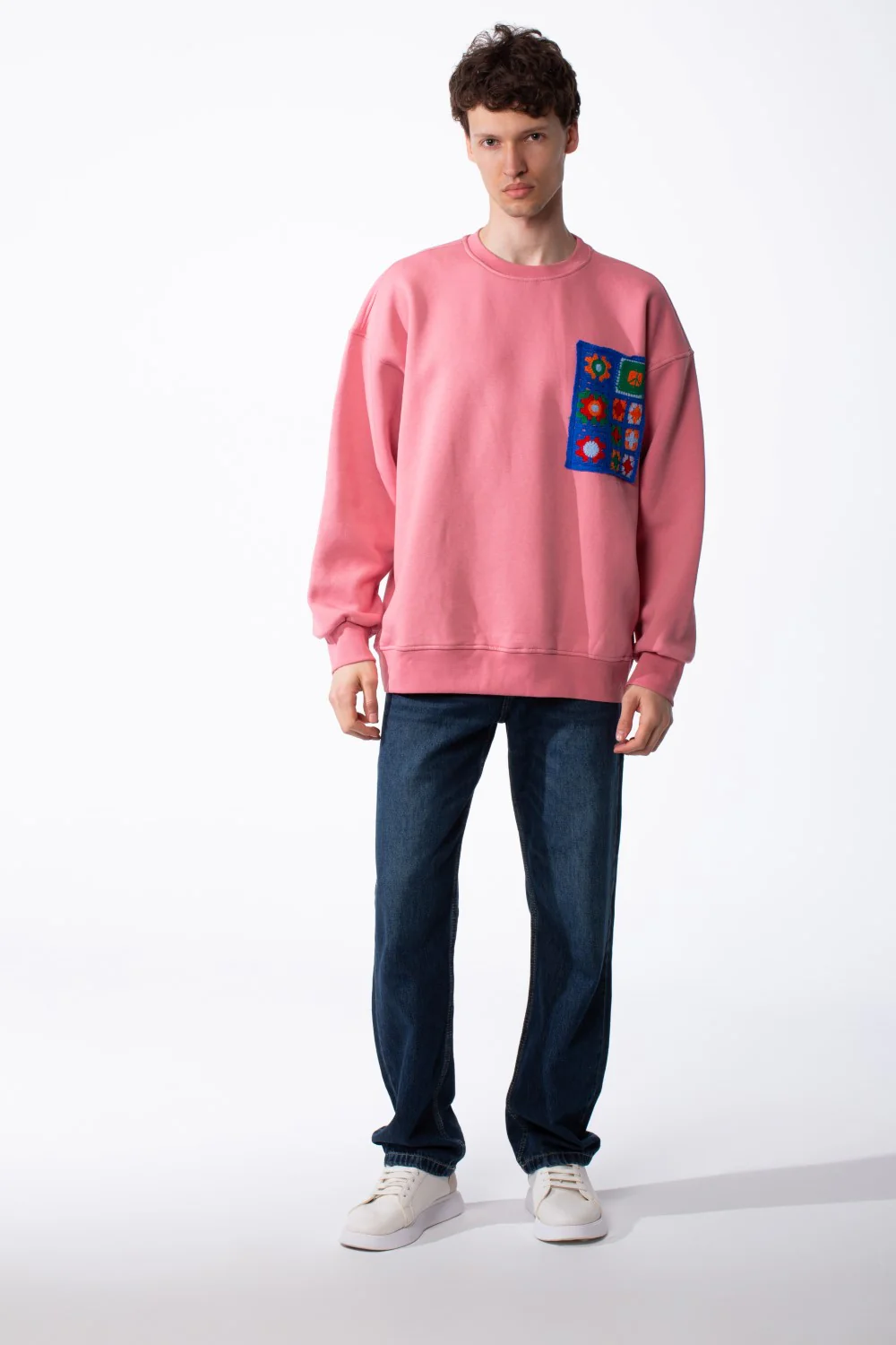 Men's Oversized Crewneck Melton Sweatshirt Handcrafted Crocheted Square Patch Classic Ribbed Trims Modern Streetwear - Image 11