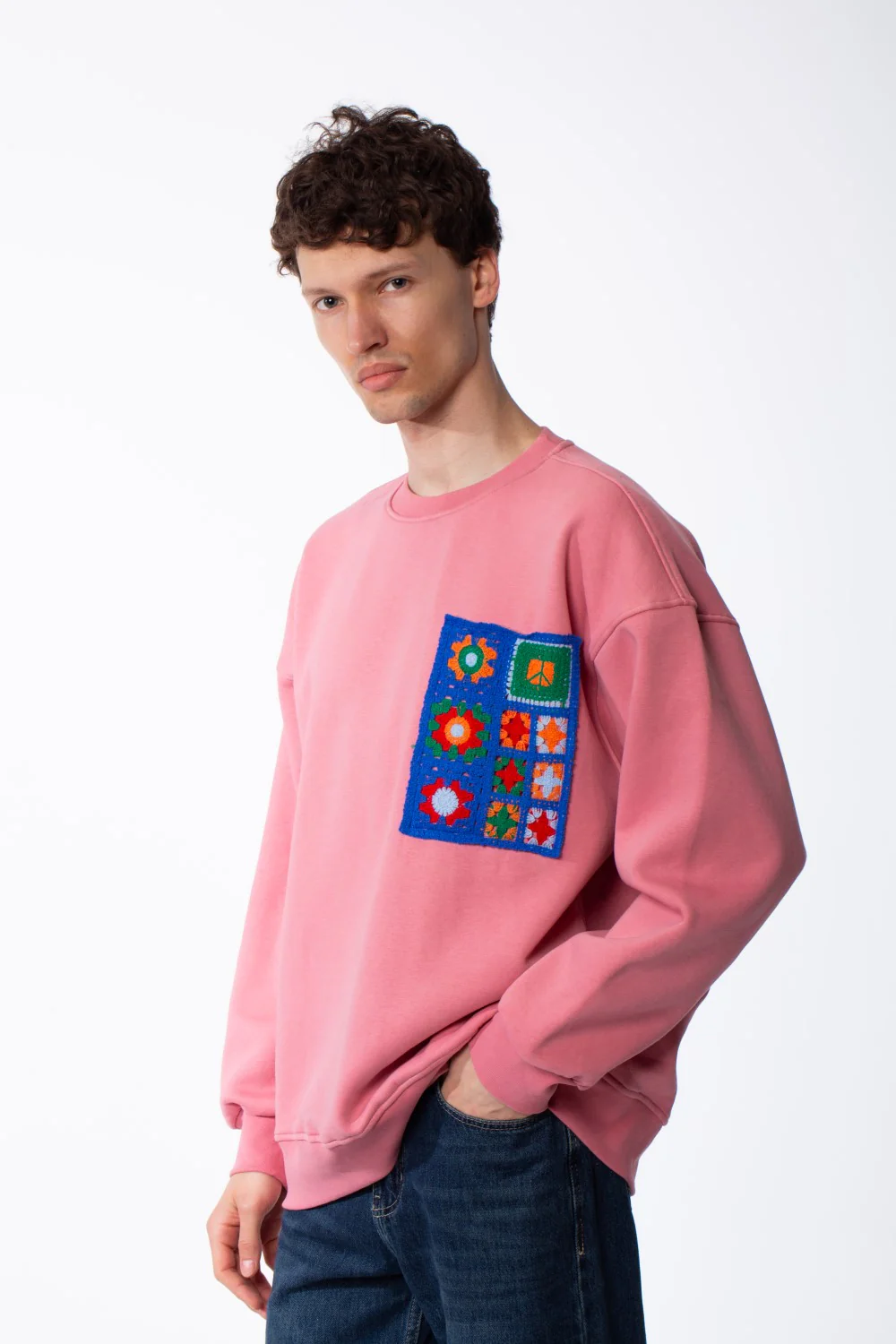 Men's Oversized Crewneck Melton Sweatshirt Handcrafted Crocheted Square Patch Classic Ribbed Trims Modern Streetwear - Image 12