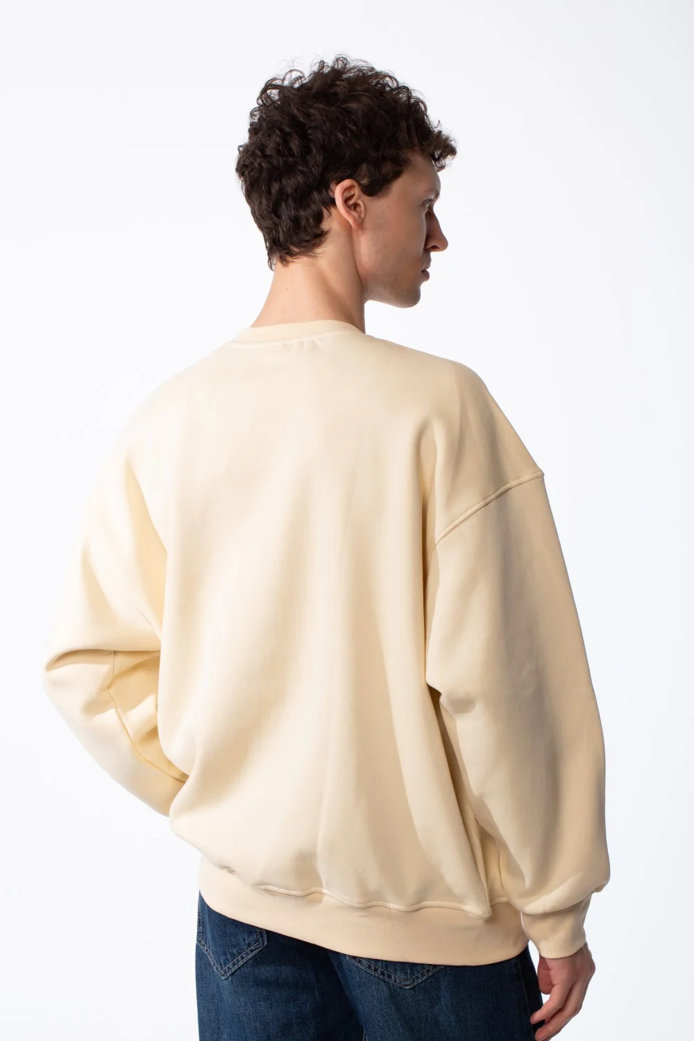 Men's Oversized Crewneck Melton Sweatshirt Handcrafted Crocheted Square Patch Classic Ribbed Trims Modern Streetwear - Image 2