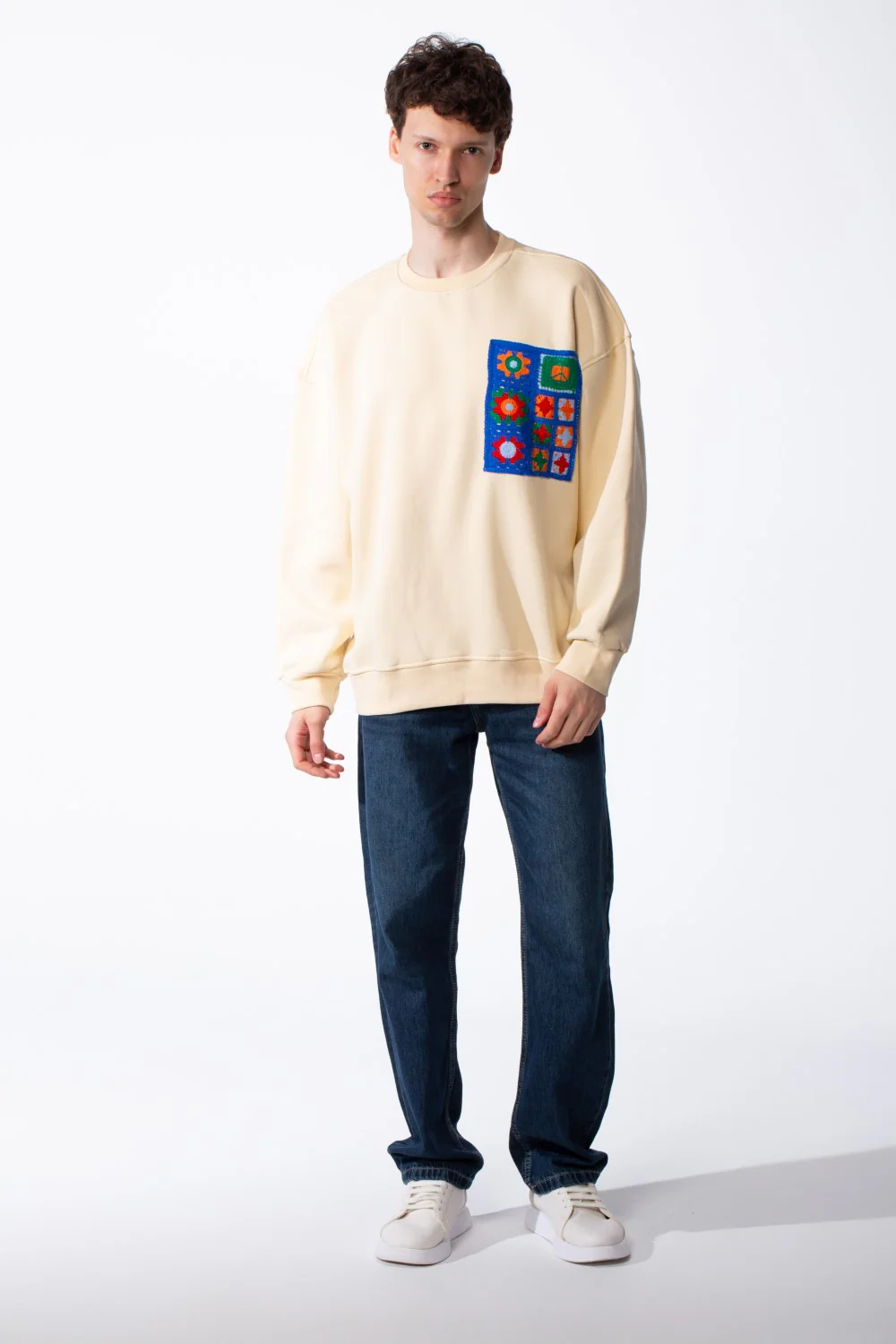 Men's Oversized Crewneck Melton Sweatshirt Handcrafted Crocheted Square Patch Classic Ribbed Trims Modern Streetwear - Image 3