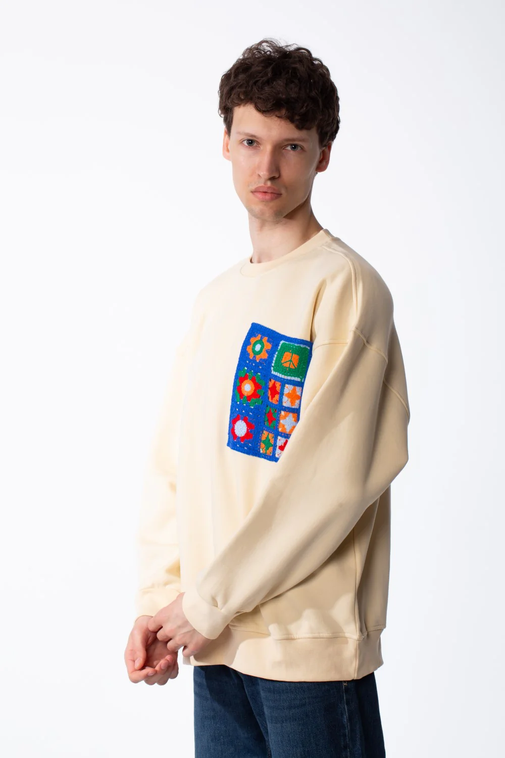 Men's Oversized Crewneck Melton Sweatshirt Handcrafted Crocheted Square Patch Classic Ribbed Trims Modern Streetwear - Image 4