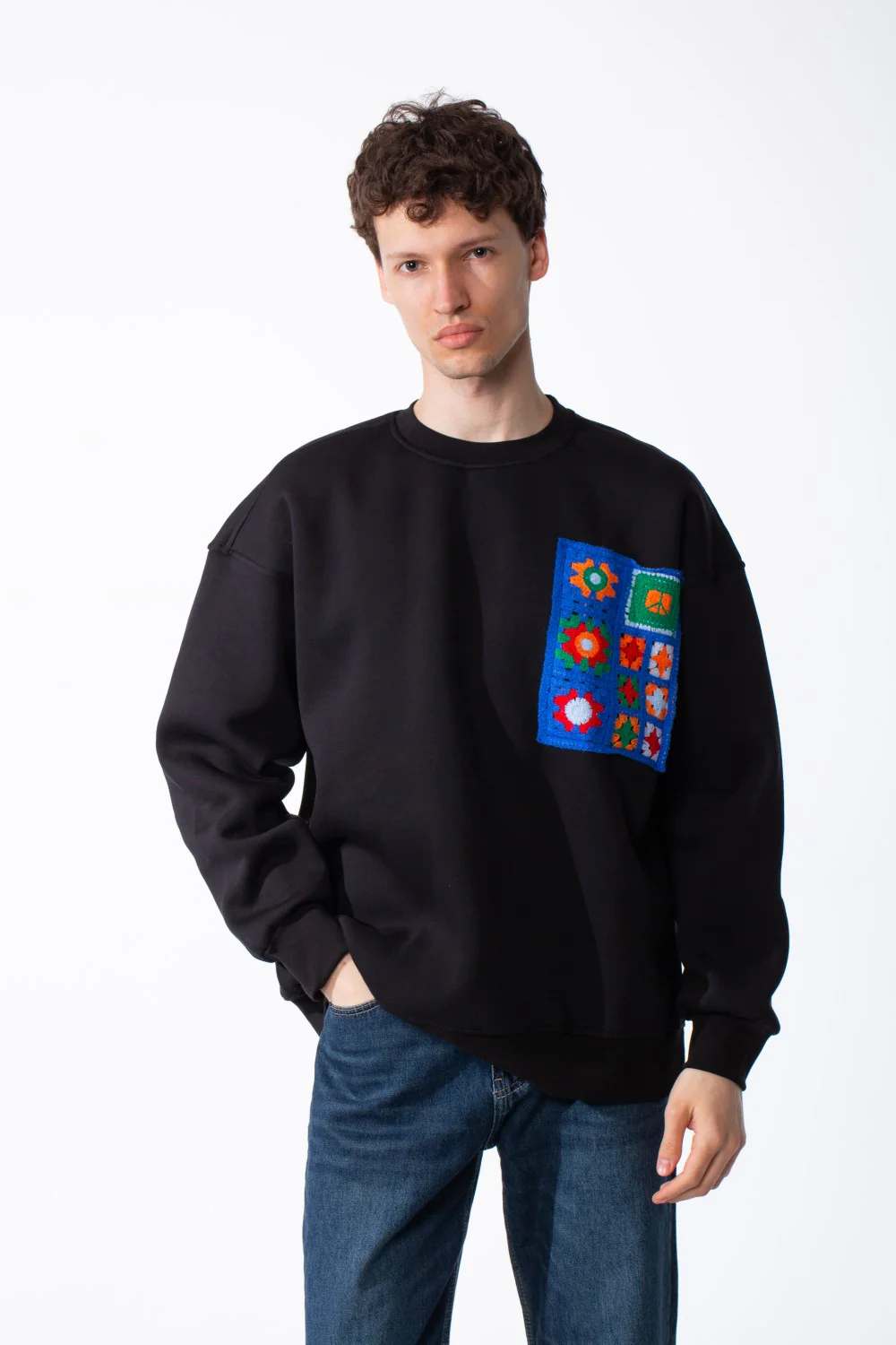 Men's Oversized Crewneck Melton Sweatshirt Handcrafted Crocheted Square Patch Classic Ribbed Trims Modern Streetwear - Image 5