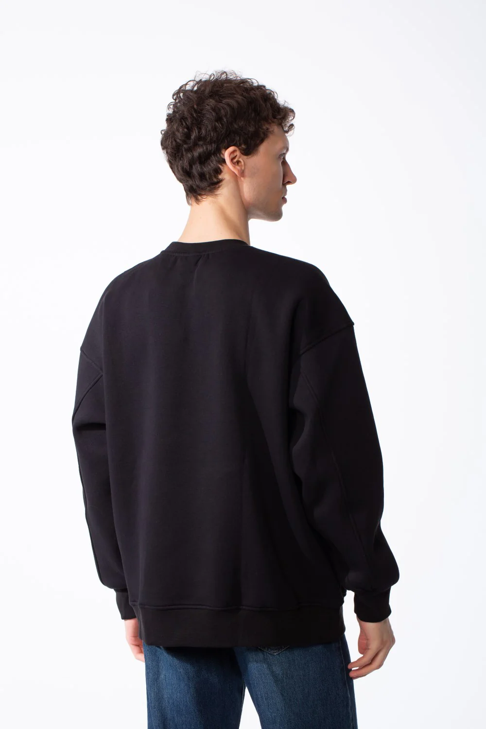 Men's Oversized Crewneck Melton Sweatshirt Handcrafted Crocheted Square Patch Classic Ribbed Trims Modern Streetwear - Image 6