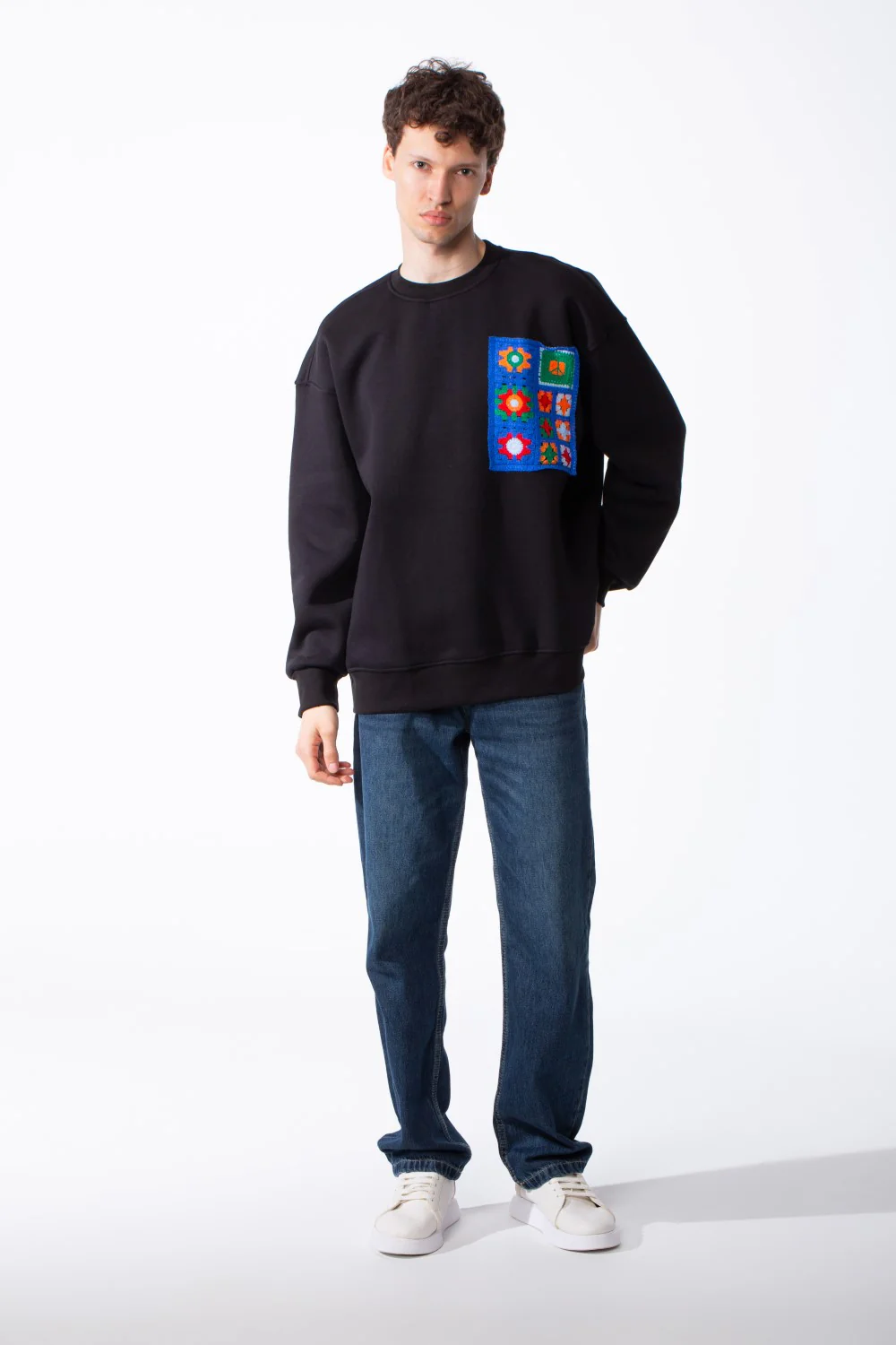 Men's Oversized Crewneck Melton Sweatshirt Handcrafted Crocheted Square Patch Classic Ribbed Trims Modern Streetwear - Image 7