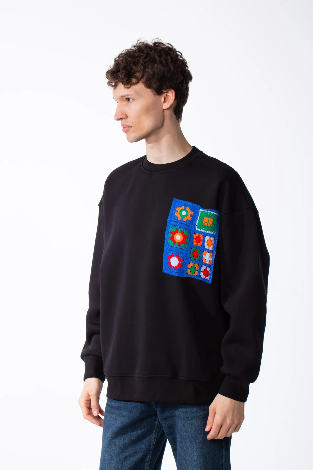 Men's Oversized Crewneck Melton Sweatshirt Handcrafted Crocheted Square Patch Classic Ribbed Trims Modern Streetwear - Image 8