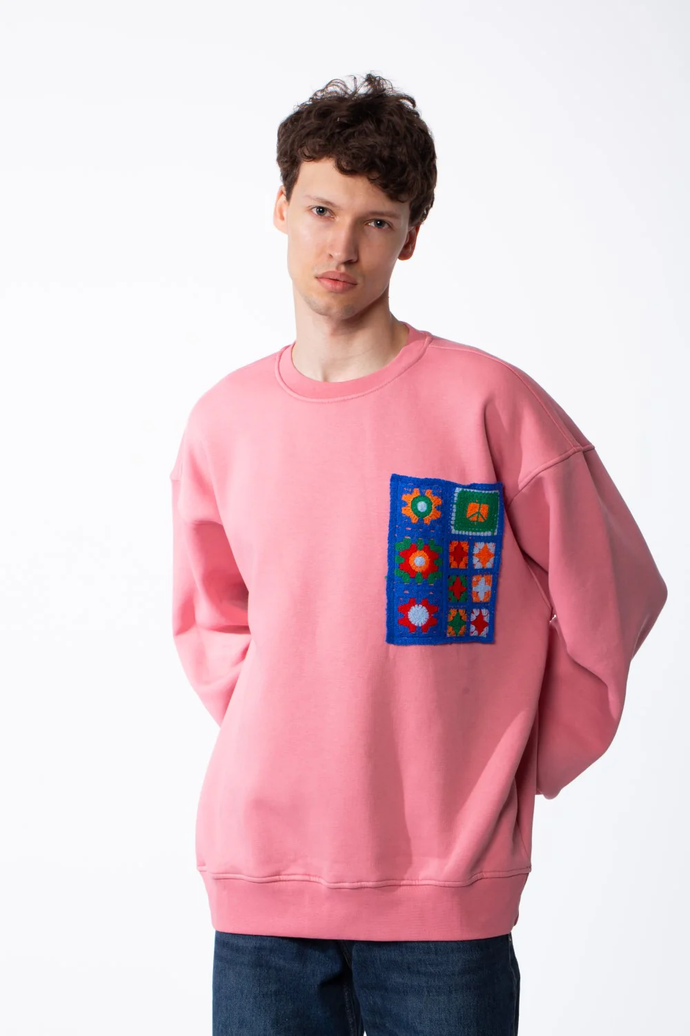 Men's Oversized Crewneck Melton Sweatshirt Handcrafted Crocheted Square Patch Classic Ribbed Trims Modern Streetwear - Image 9