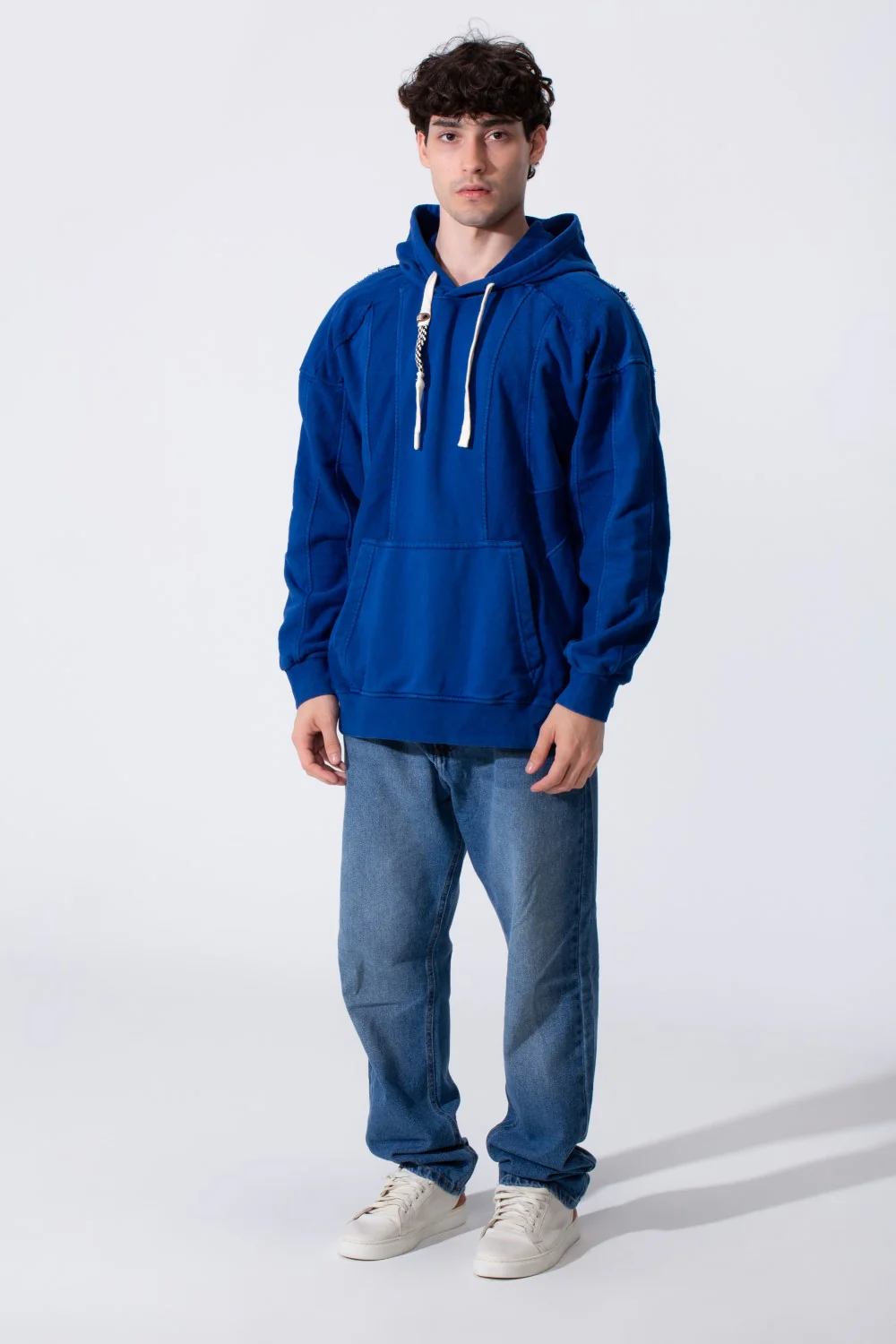 Men's Oversized Hood Washed Fabric Edge Seam Detailing Classic Kangaroo Front Pocket Tomato Store Sweatshirt - Image 3