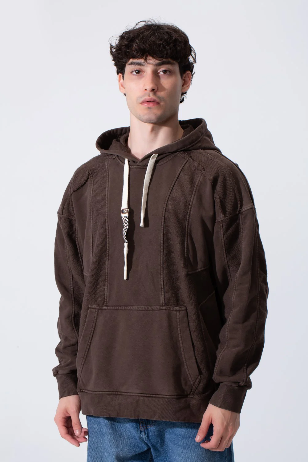 Men's Oversized Hood Washed Fabric Edge Seam Detailing Classic Kangaroo Front Pocket Tomato Store Sweatshirt - Image 5