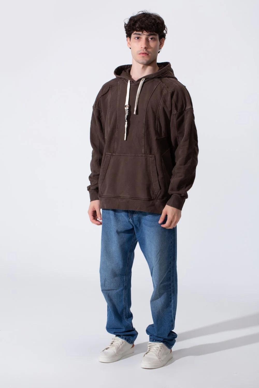 Men's Oversized Hood Washed Fabric Edge Seam Detailing Classic Kangaroo Front Pocket Tomato Store Sweatshirt - Image 7