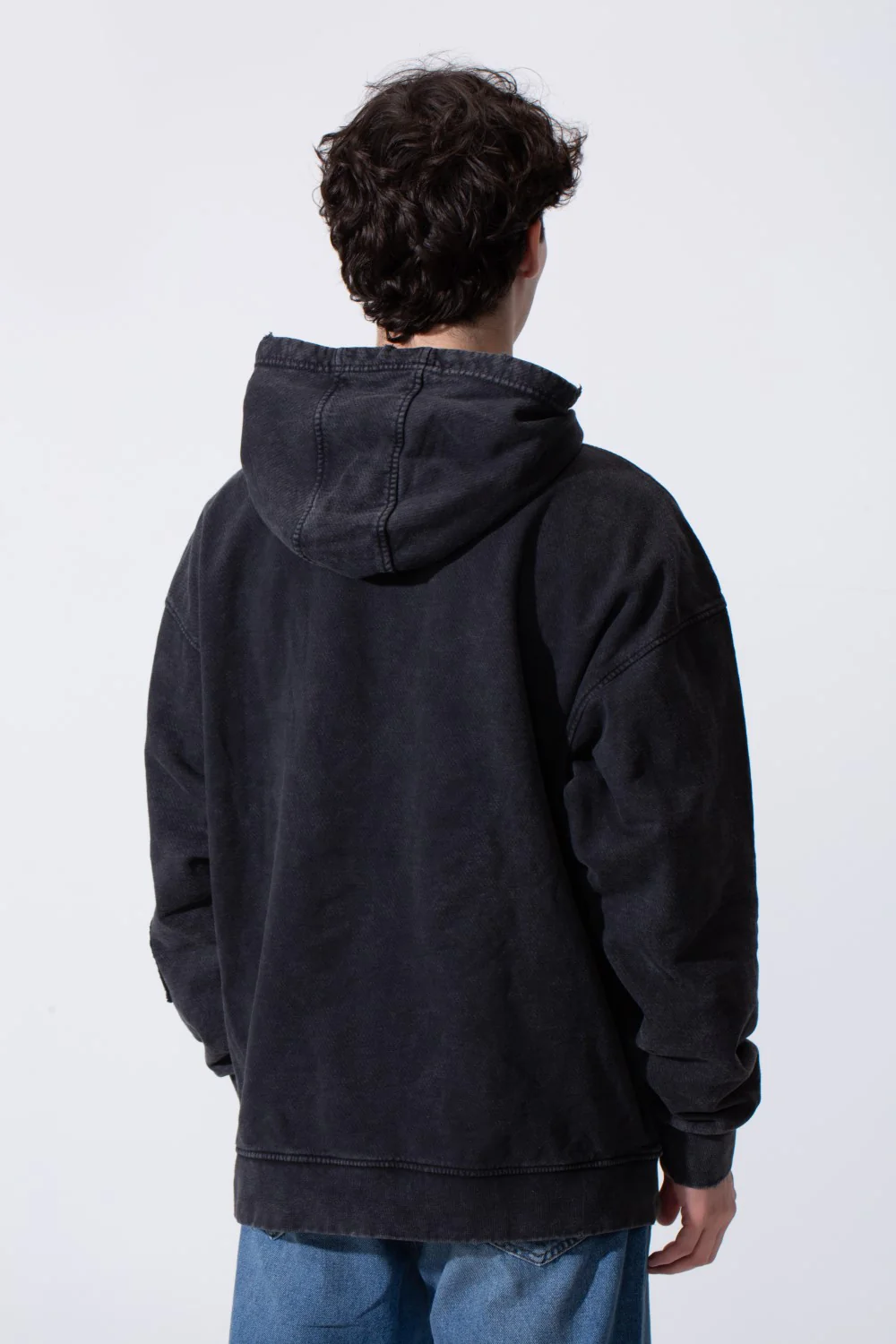 Men's Oversized Hood Washed Print Classic Kangaroo Front Pocket Tomato Store Sweatshirt With Edge Seam Detailing - Image 6