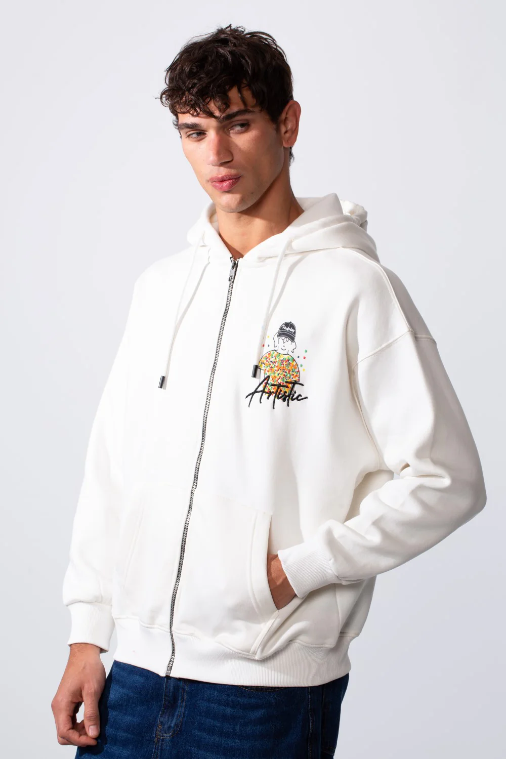 Men's Oversized Melton Graphic Hood Sweatshirt With Zipper - Image 12