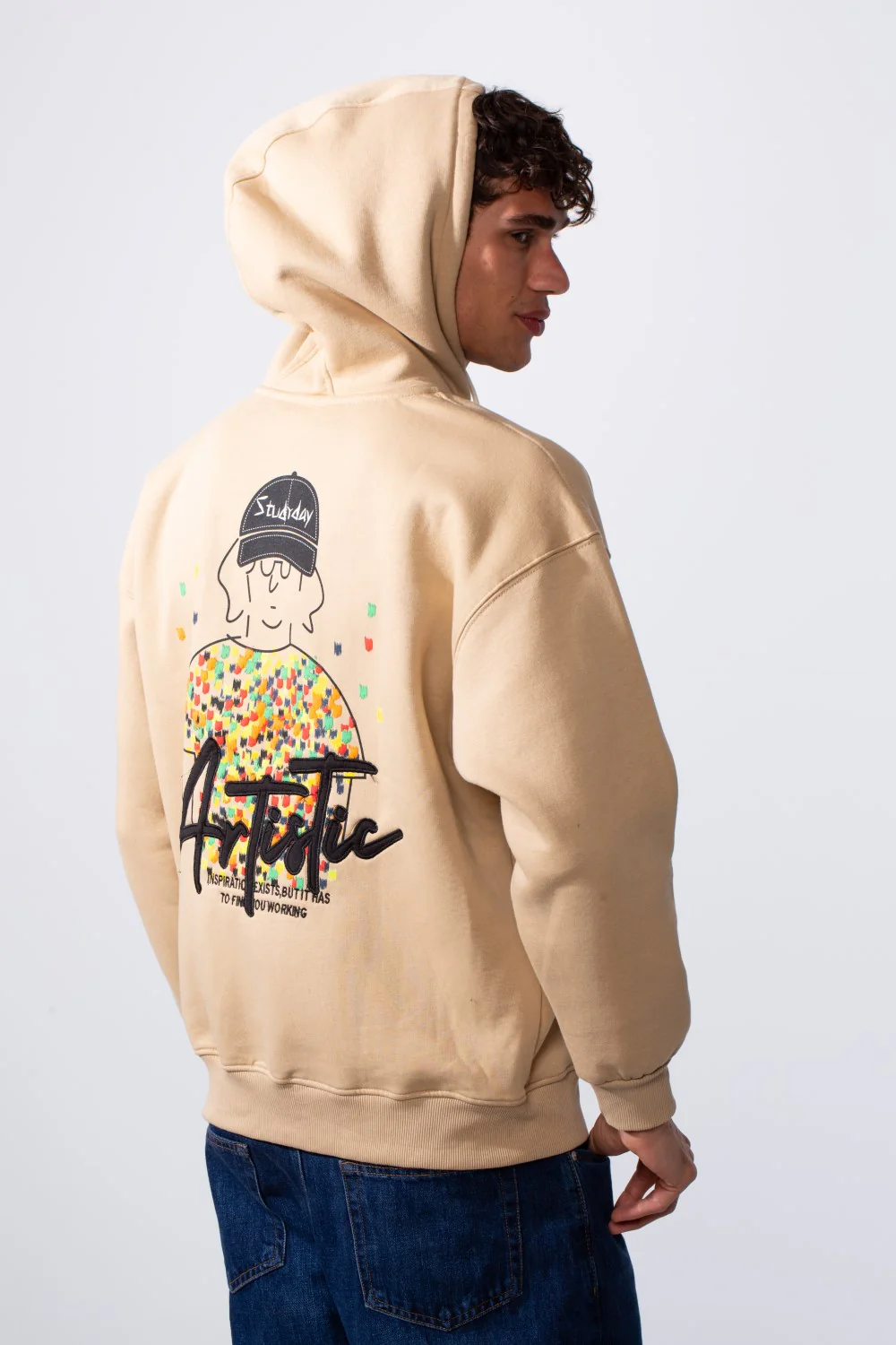 Men's Oversized Melton Graphic Hood Sweatshirt With Zipper - Image 2