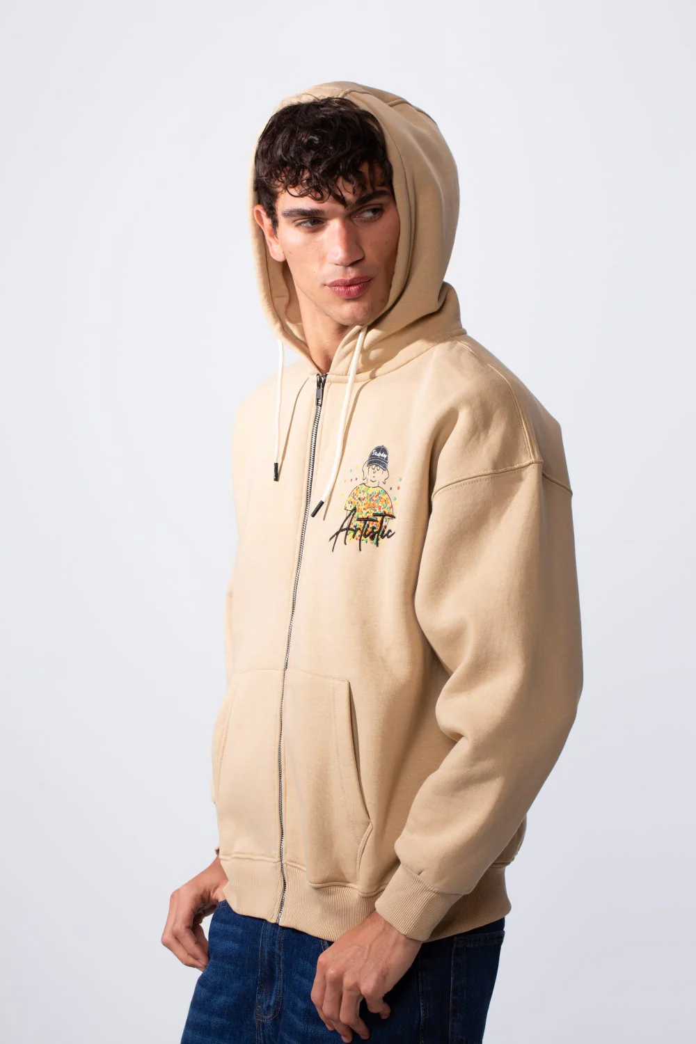 Men's Oversized Melton Graphic Hood Sweatshirt With Zipper - Image 3